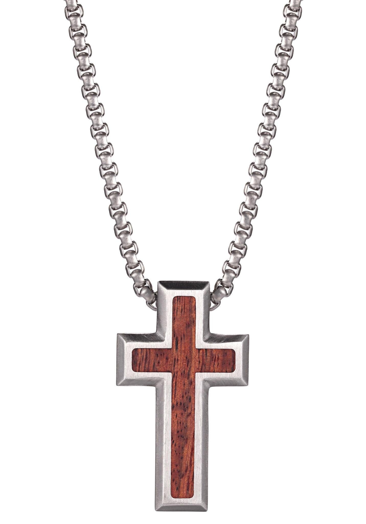 KINGKA Herren Kette mit Anhänger "Kreuz", Edelstahl Holz, L: 65, braun, Edelstahl, Holz, Halsketten, mit Holz