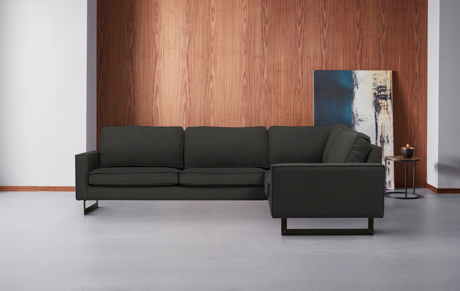 Places of Style Ecksofa »Pinto, XXL, 250/290 cm, langer Schenkel, Ottomane«, Cord, Chenille, Lederoptik, mit Keder, Metallfüße, Wellenunterfederung