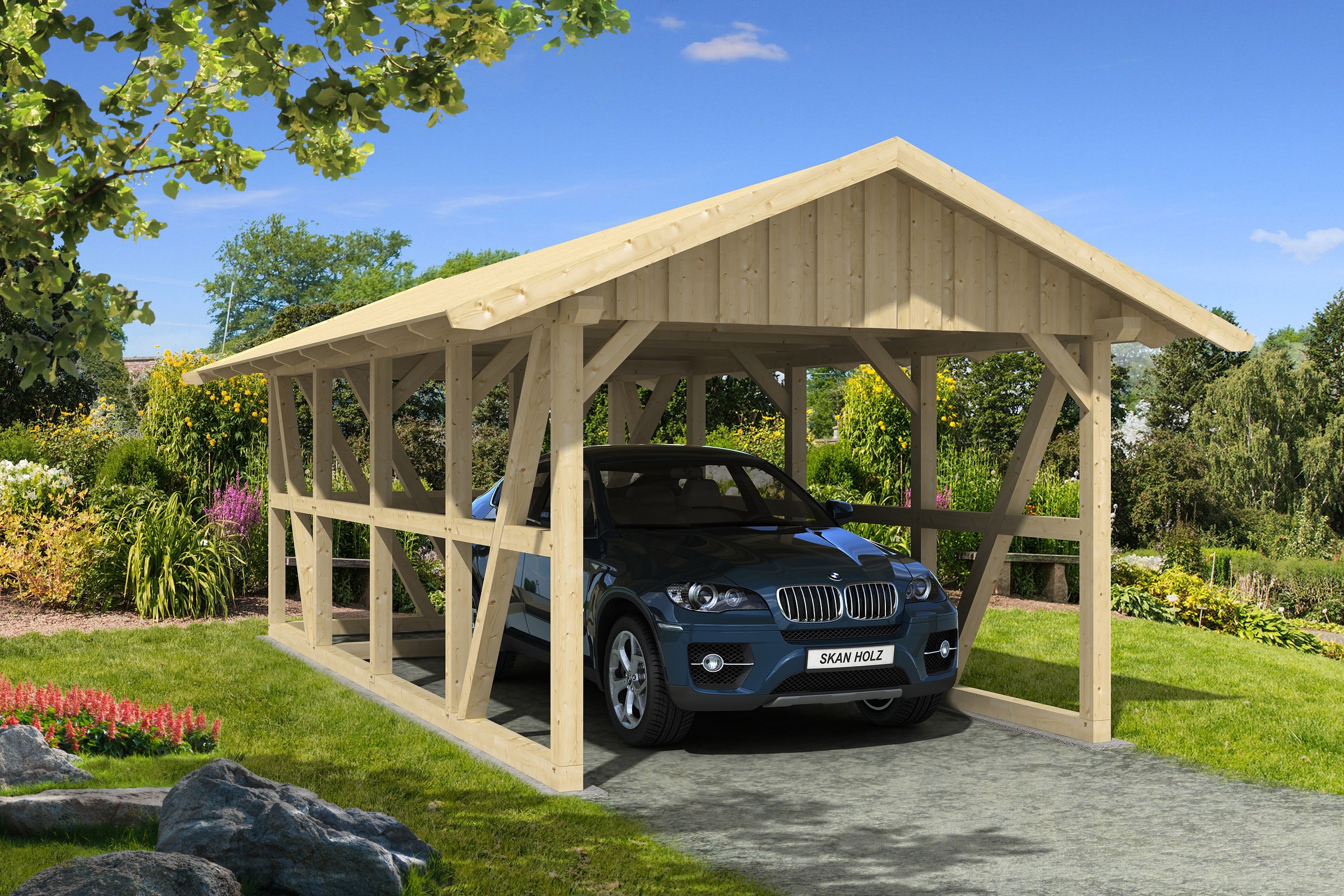 Skanholz Einzelcarport »Schwarzwald«, KVH-Fichte, 300 cm, Natur, mit Abstellraum, mit Dachschalung
