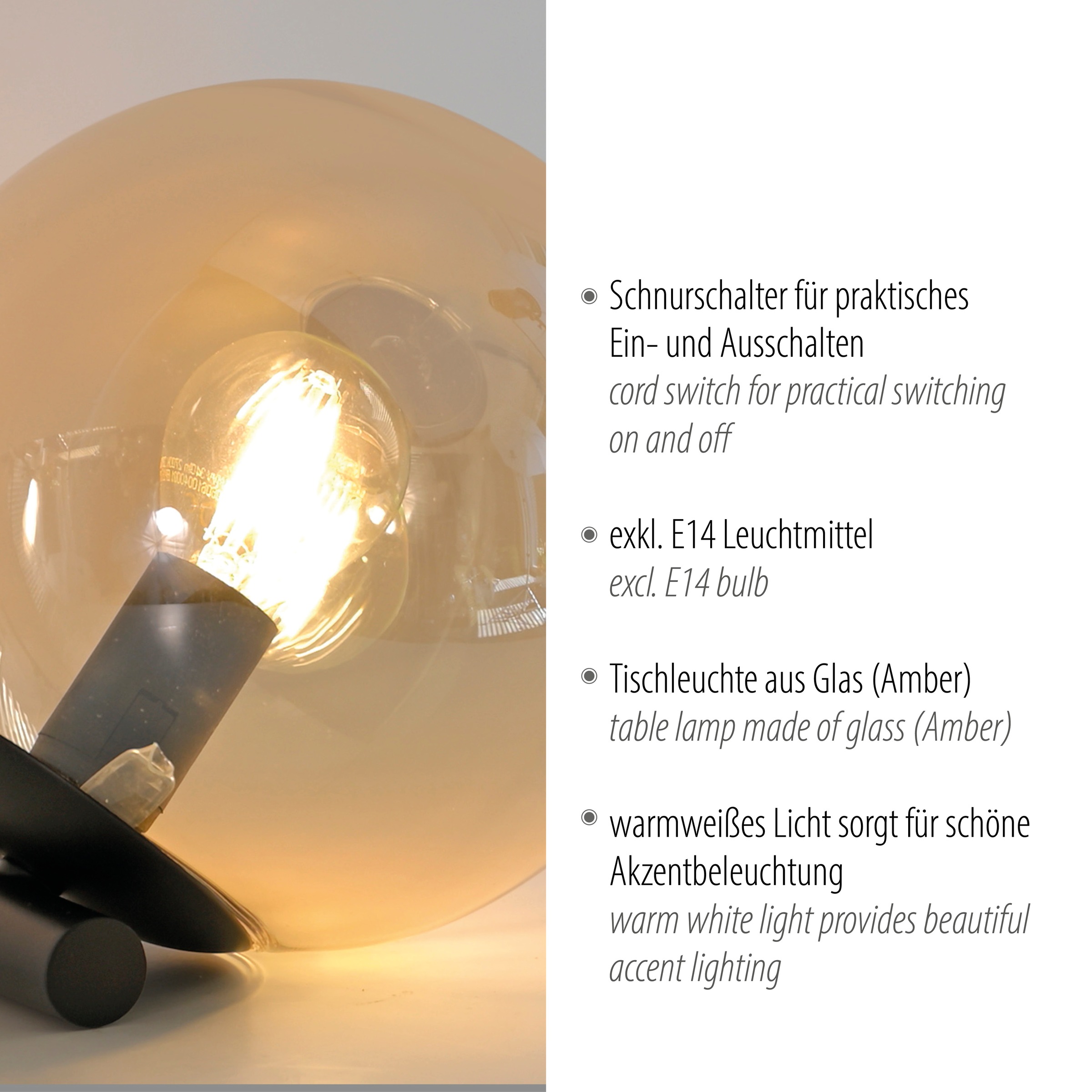 my home Tischleuchte »Nymölla«, 1 flammig, Leuchtmittel E14 | ohne Leuchtmittel, Tischleuchte mit großer Glaskugel, amberfarben oder opal matt weiß