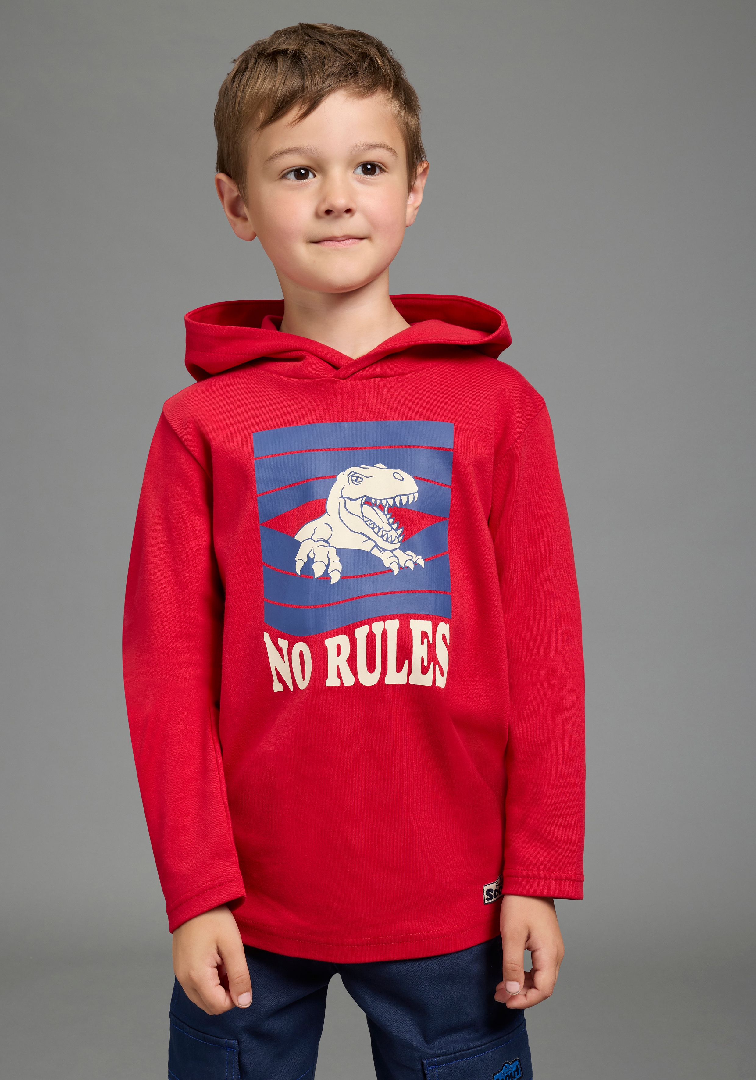 Scout Kapuzenshirt "Kapuzenshirt mit coolem Dino-Druck - NEU von SCOUT" Shirt mit Spruch: NO RULES, langarm, modischer Stil
