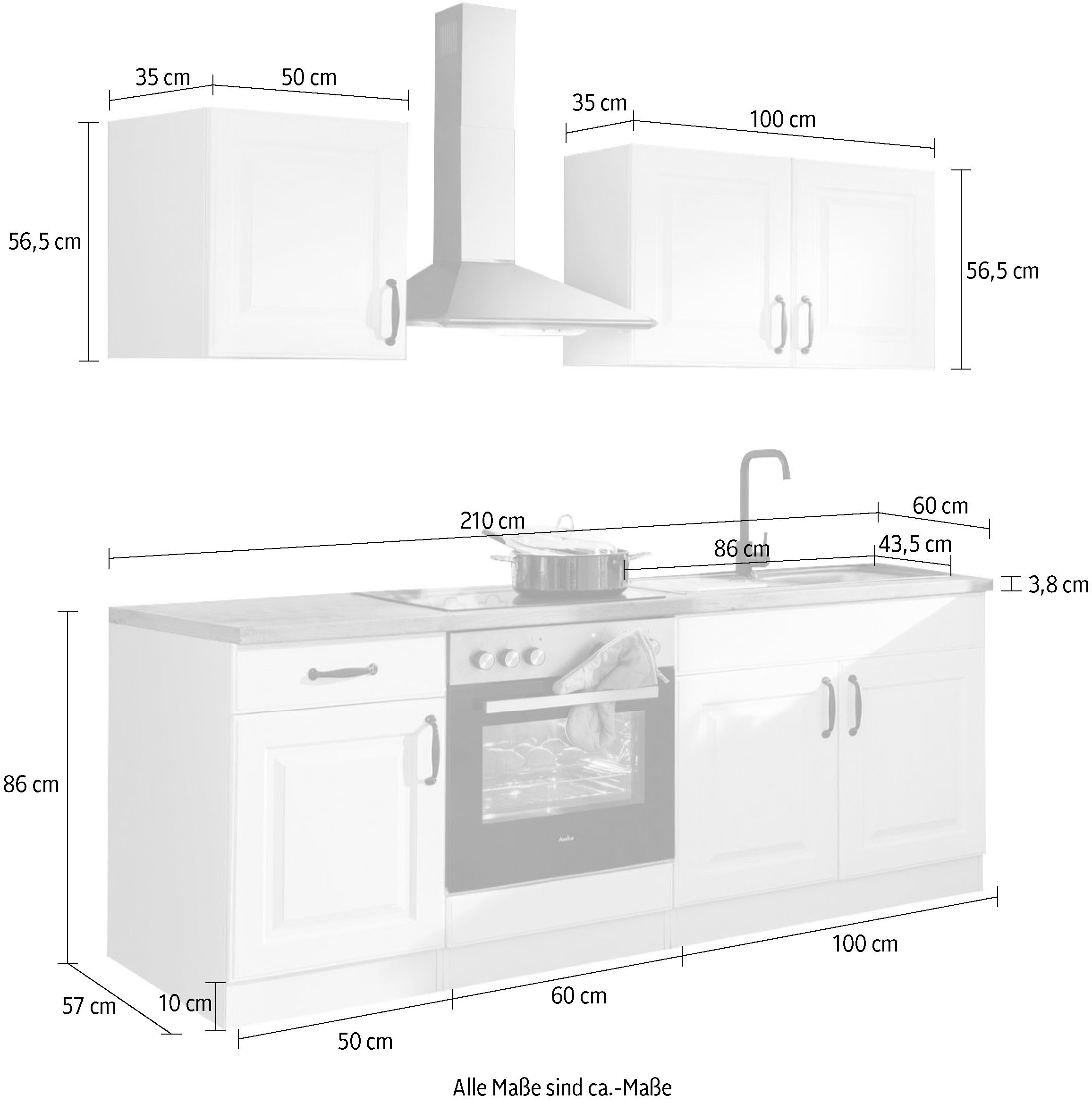 wiho Küchen Küchenzeile »Erla«, ohne E-Geräte, Breite 210 cm