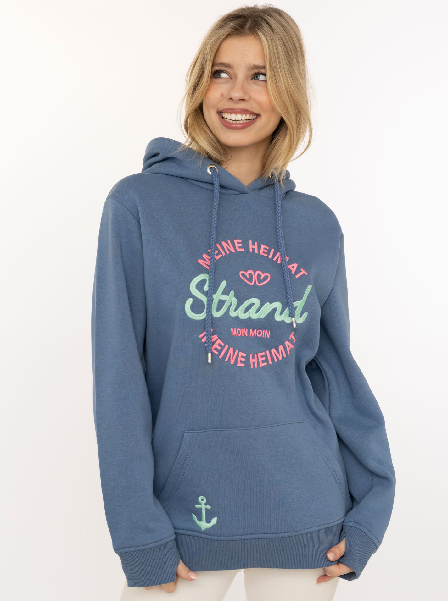 Zwillingsherz Hoodie ""Meine Heimat"", mit aufgesticktem "Strand"-Schriftzug vorne und hinten