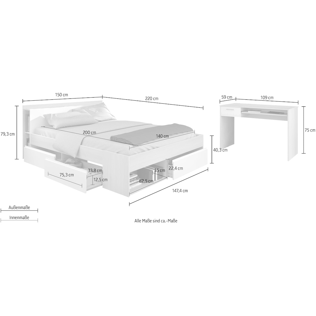 Parisot Jugendzimmer-Set »Most«, (Set, 2 St., Bett mit Schubkästen und Schreibtisch)