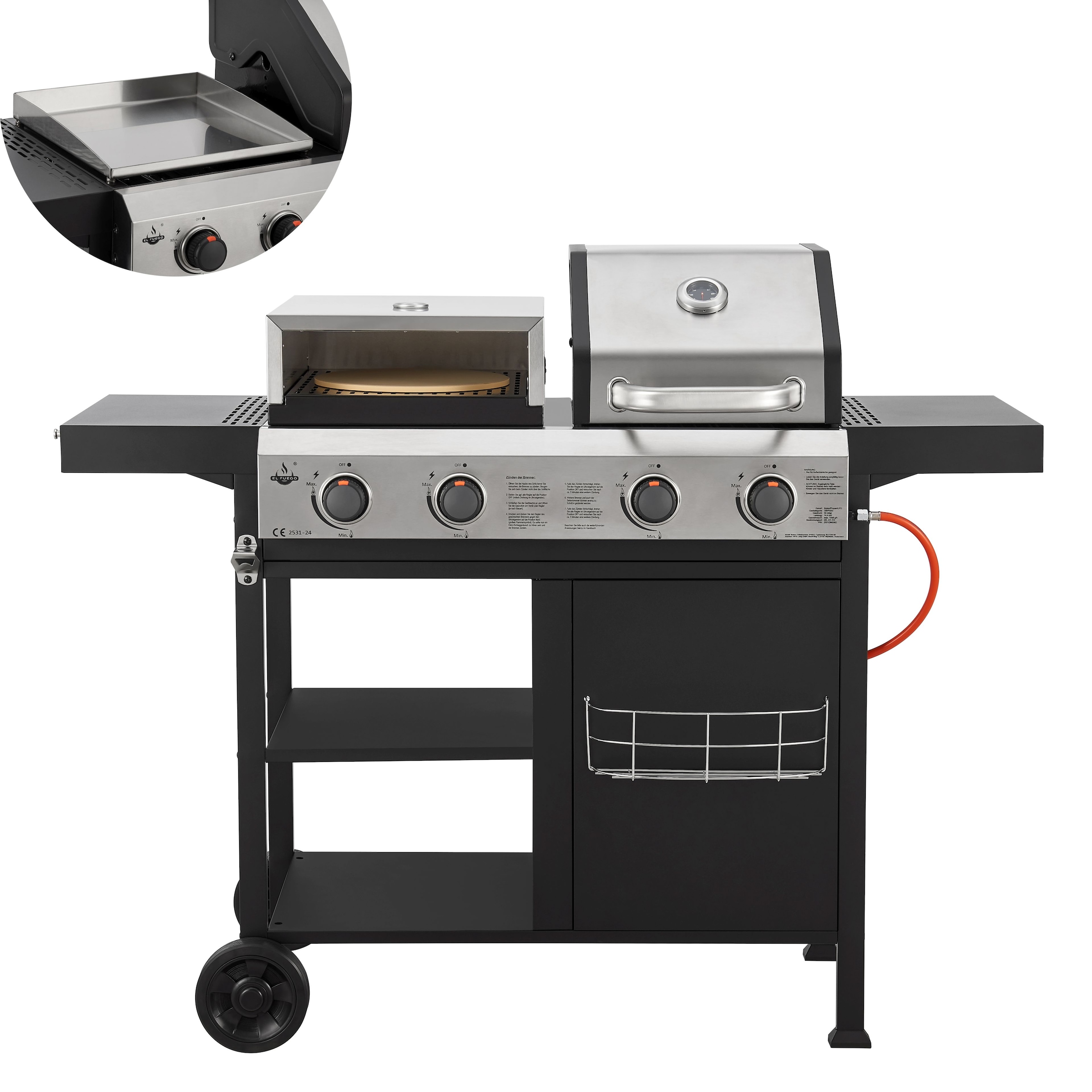 El Fuego Gasgrill »Kombigrill 3-in-1 Boston«, inkl. Pizzastein und Planchaplatte als Zubehör