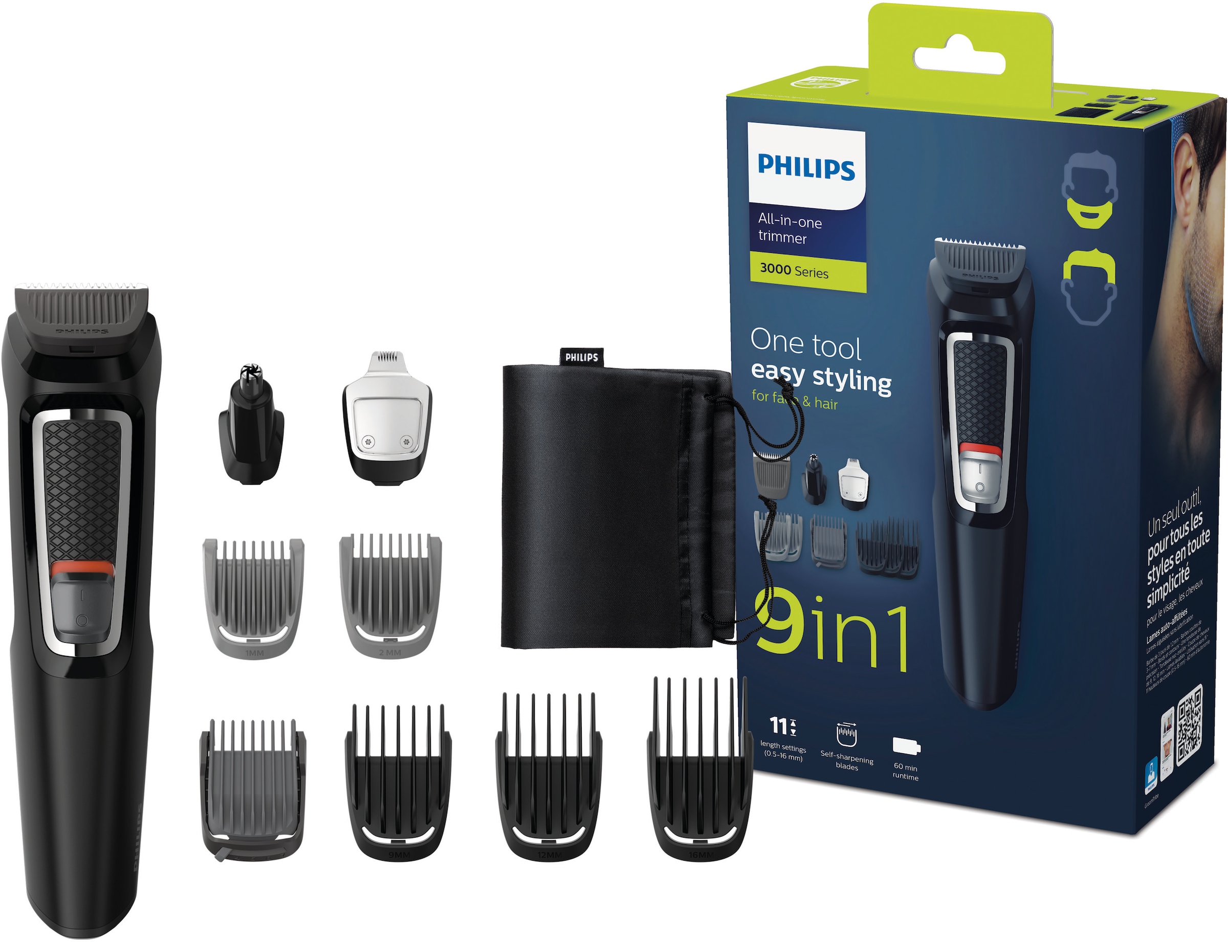 Philips Multifunktionstrimmer »Series 3000 MG3740/15«, 9 Aufsätze, All-in-One Trimmer, 9-in-1 für Gesicht und Haare mit Edelstahlklingen