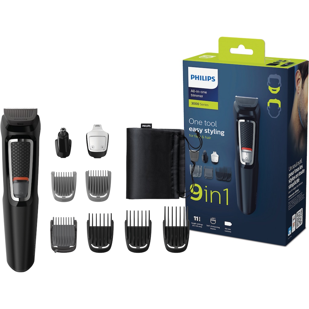 Philips Multifunktionstrimmer »Series 3000 MG3740/15«, 9 Aufsätze, All-in-One Trimmer, 9-in-1 für Gesicht und Haare mit Edelstahlklingen