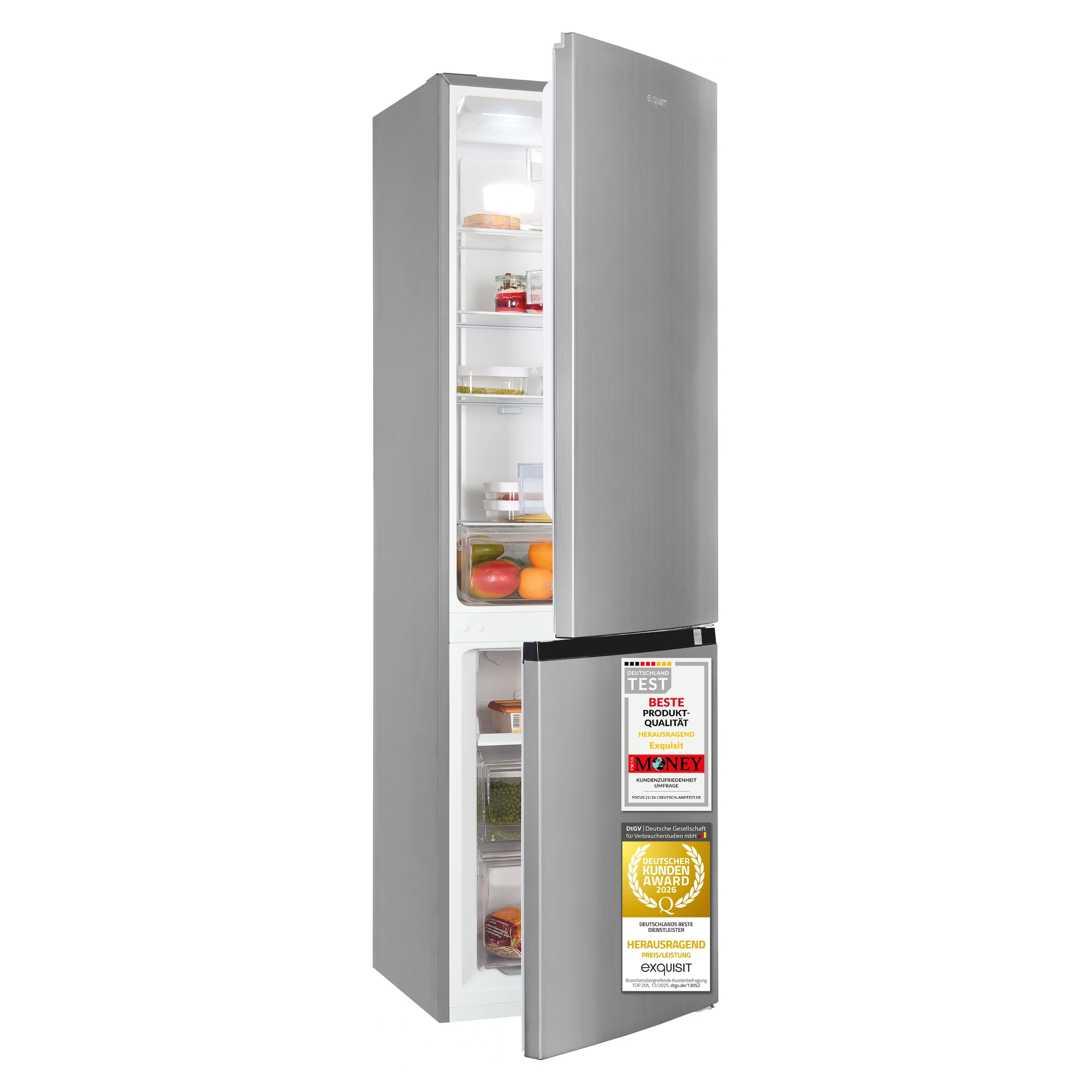 exquisit Kühl-/Gefrierkombination »KGC265-70-NF-040D inoxlook« 180,5 cm hoch 54,5 cm breit NoFrost-Technologie, 4-Sterne-Gefrierfach & praktisches Gefriertablett