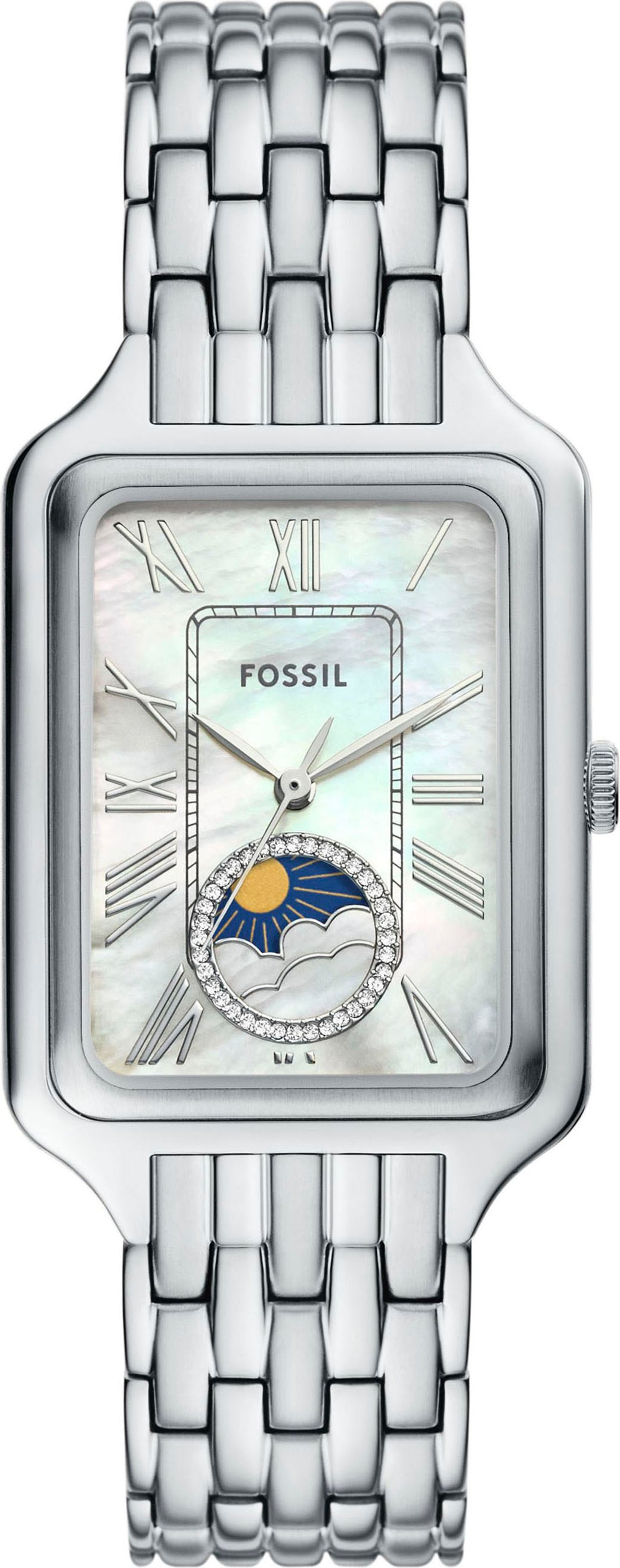 Fossil Quarzuhr »RAQUEL MOONPHASE«, Armbanduhr, Damenuhr, Edelstahlarmband, analog, Mondphase, Glassteine