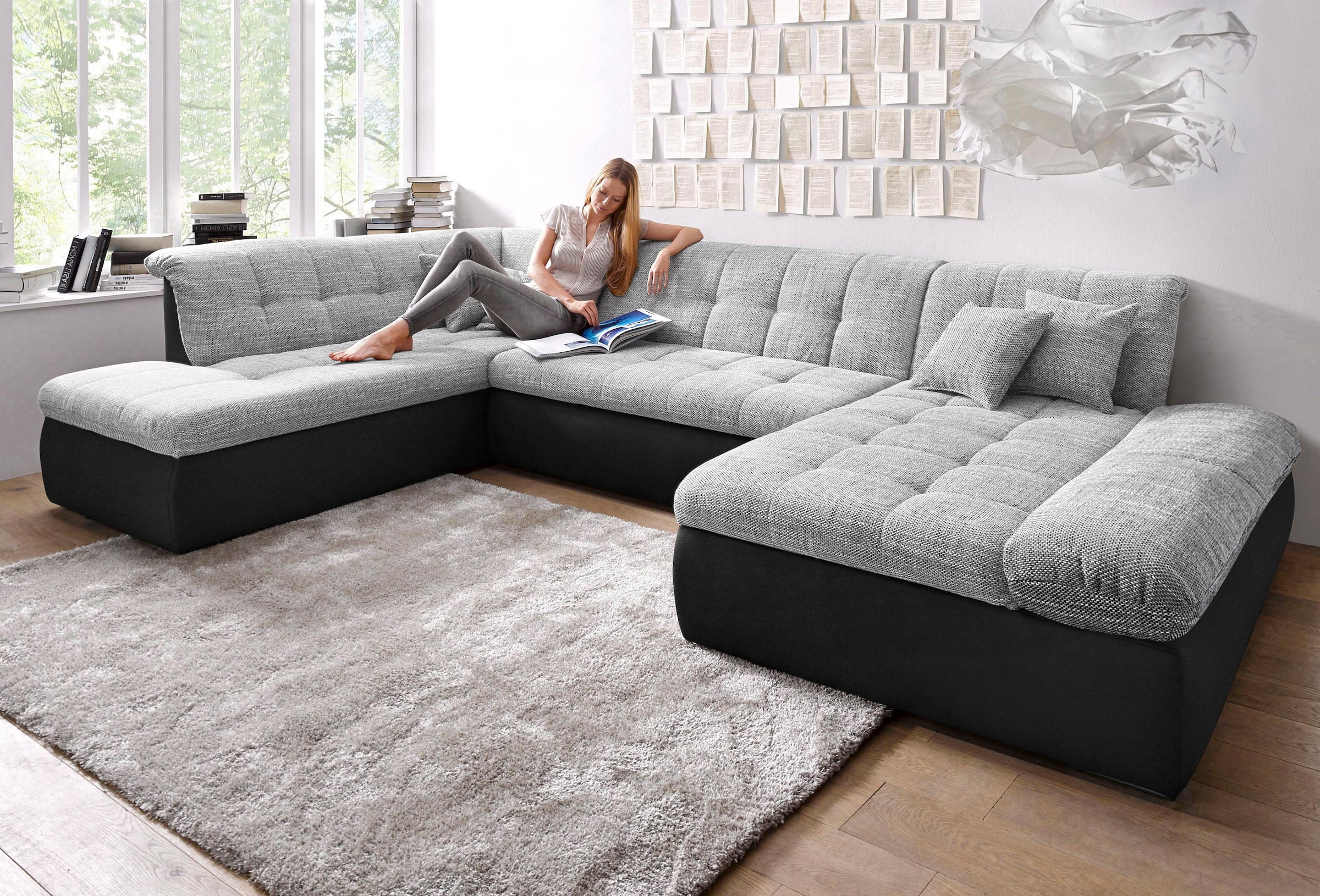 DOMO collection Wohnlandschaft "MORIC 353x216x80 cm, mit viel Platz, U-Form, auch in Cord" im XXL-Format, wahlweise mit Bettfunktion und Armlehnenverstellung