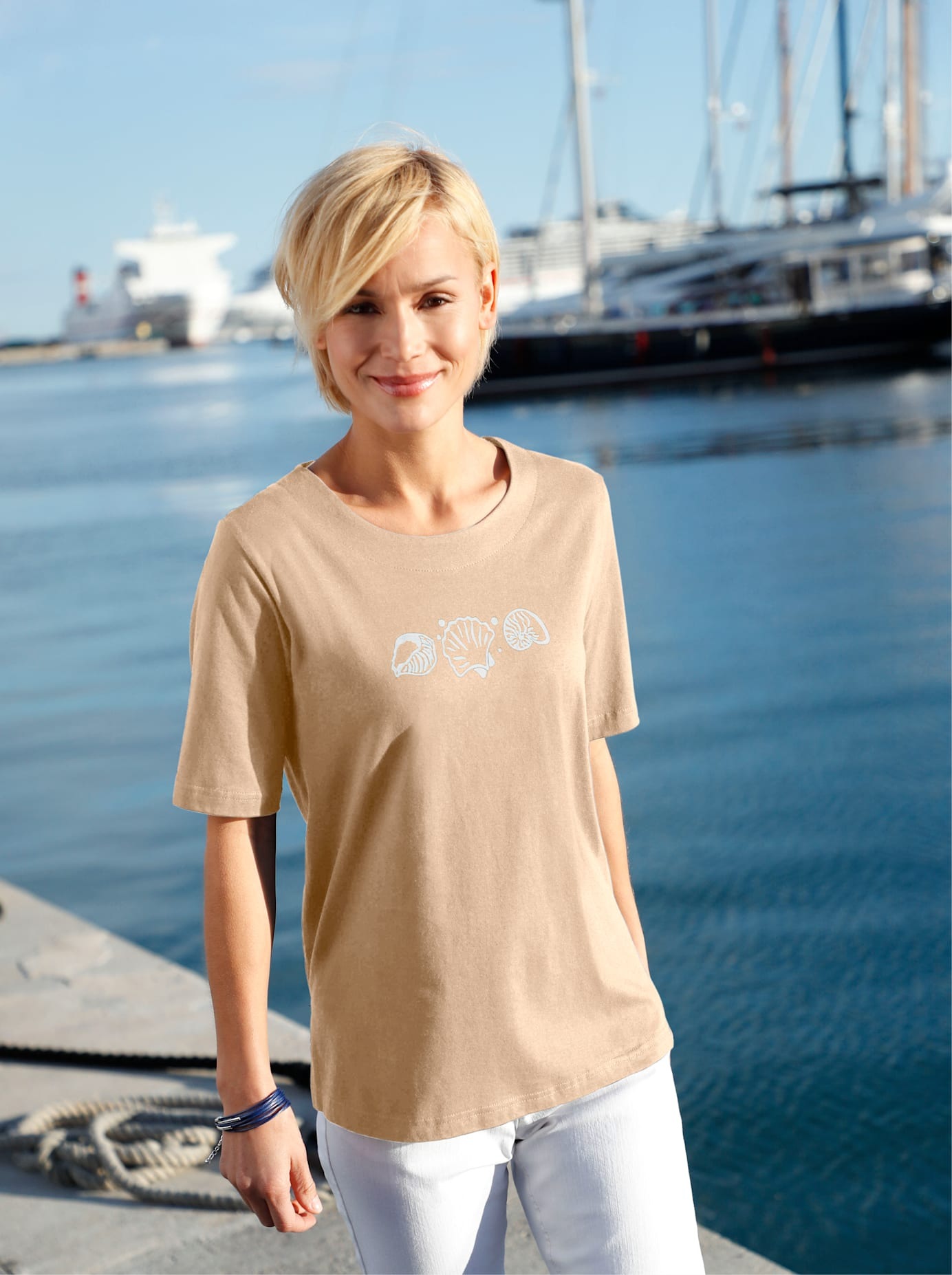 Kurzarmshirt CASUAL LOOKS "Shirt", Damen, Gr. 52, beige, 100% Baumwolle, bedruckt, gemustert, unifarben, Rundhals, Shirts