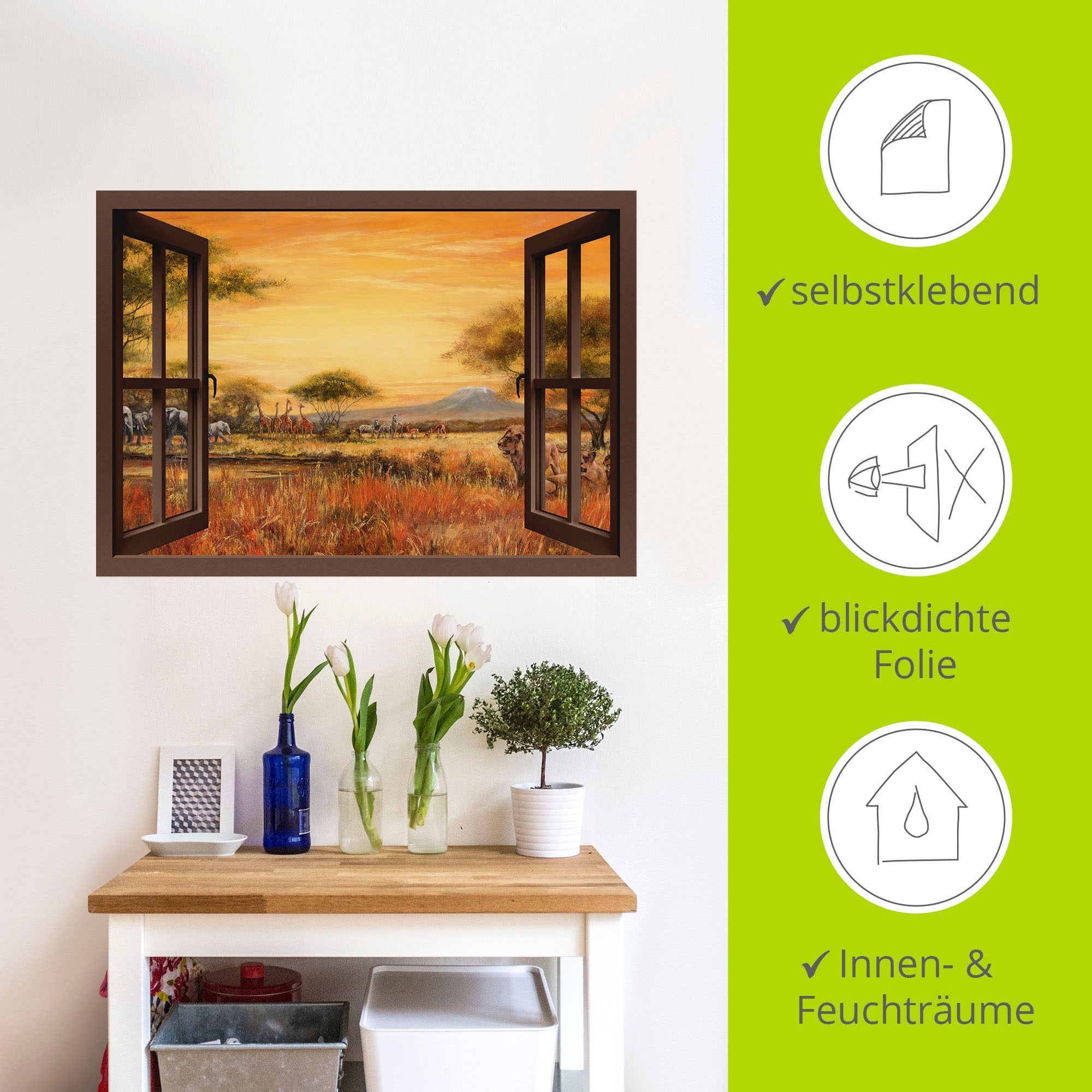 Artland Wandbild »Fensterblick Afrikanische Steppe Löwen«, Fensterblick, (1 St.), als Leinwandbild, Wandaufkleber in verschied. Größen
