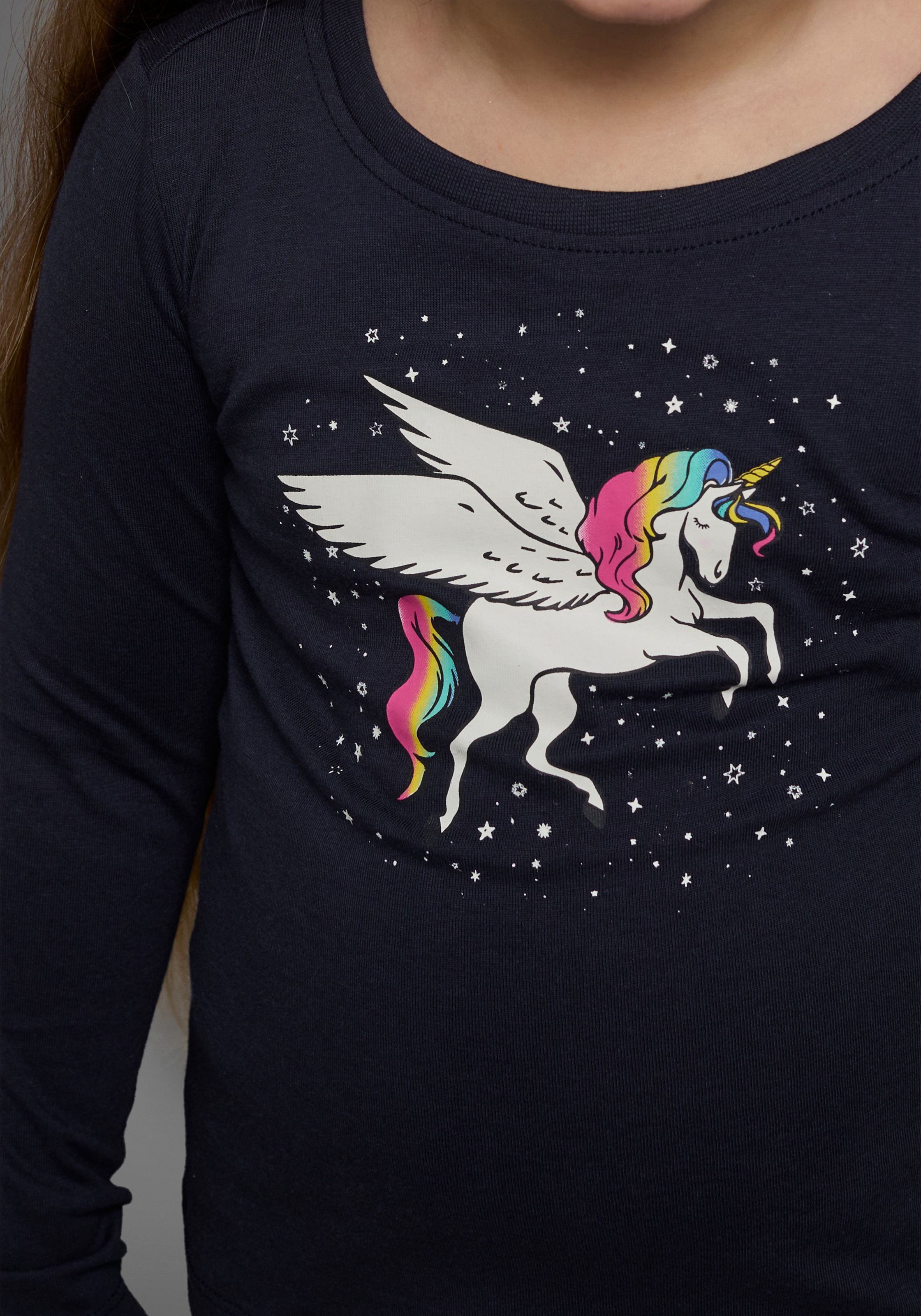 Thumbnail - KIDSWORLD Langarmshirt "mit süßem Einhorn Druck" langärmlig, hüftlange Passform, stylischer Druck