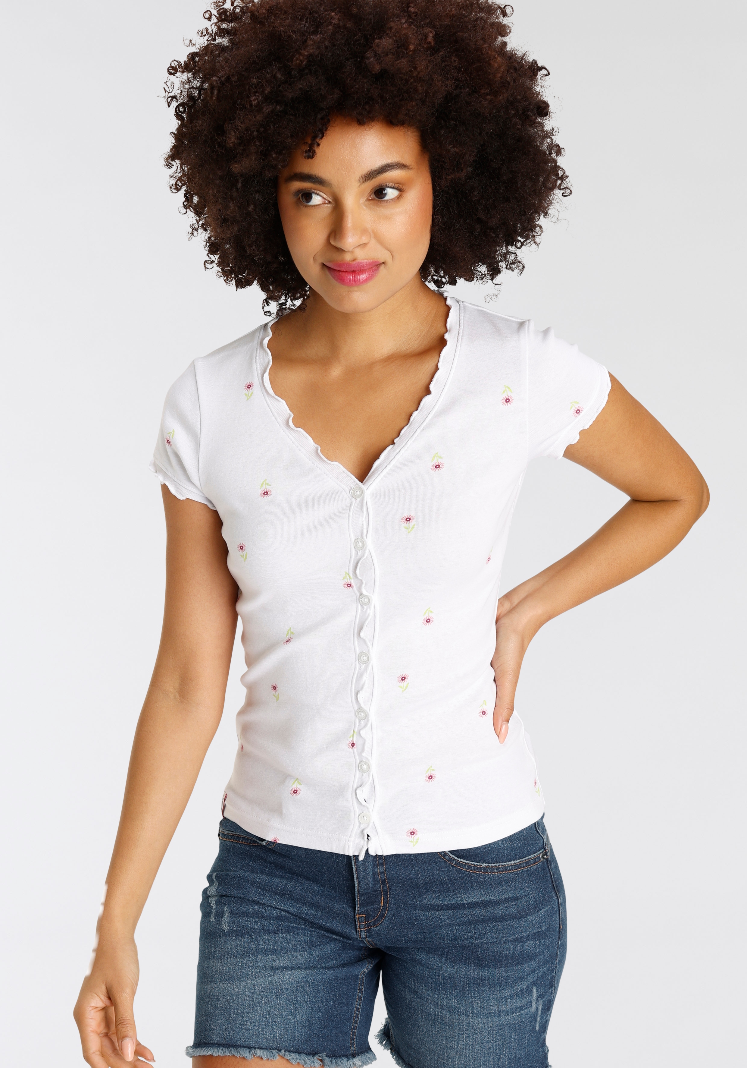 KangaROOS Kurzarmshirt kurzärmelig, mit Knopfleiste und Rollsaum, Blümchendruck