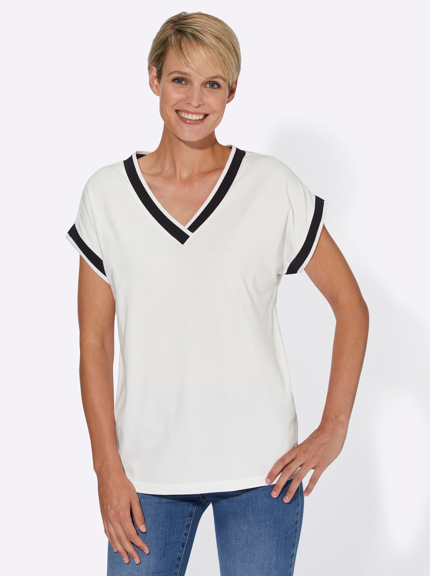 Kurzarmshirt CLASSIC BASICS "Kurzarm-Shirt", Damen, Gr. 44, beige (ecru), 100% Baumwolle, unifarben, V-Ausschnitt, Shirts