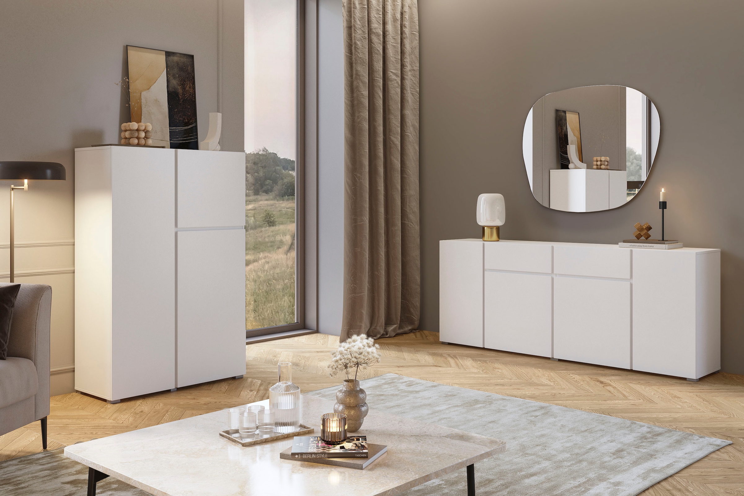 INOSIGN Highboard »Metric, Breite 92cm, moderne grifflose Hochkommode 3 Türen,Highboard« Hochschrank mit viel Stauraum, Einlegeböden verstellbar, Türkommode