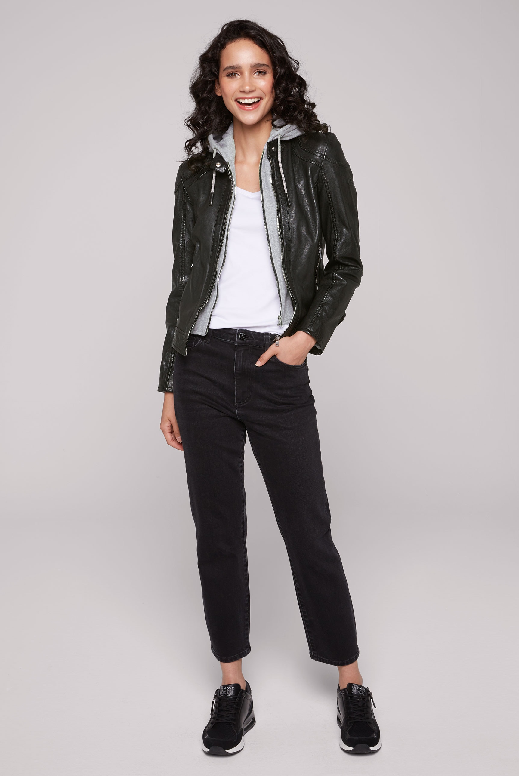 SOCCX Lederjacke, mit Kapuze, mit Druckknopfriegel an den Seiten