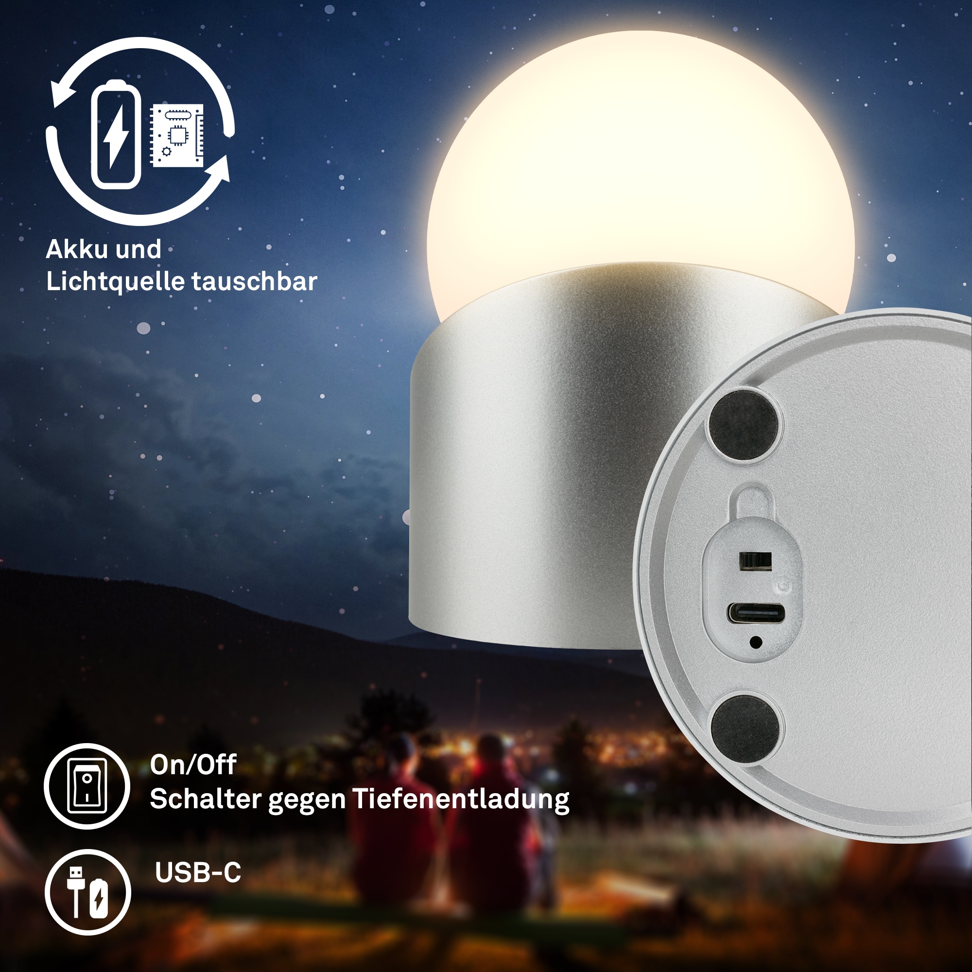Briloner Leuchten LED Außen-Tischleuchte »SORA« LED-Board 2 Stk. Warmweiß kabellos 10x8x9cm Chrom Matt 2W Kinderzimmer Outdoor Außen 2er-Set