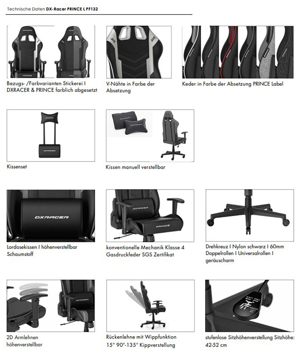 MCA furniture Gaming-Stuhl »DX Racer Prince Gamingchair«, (Set), 1 St., Stoff, Gaming,Racing,Design,Lordose,Kissen,Armlehne,drehbar,verstellbar