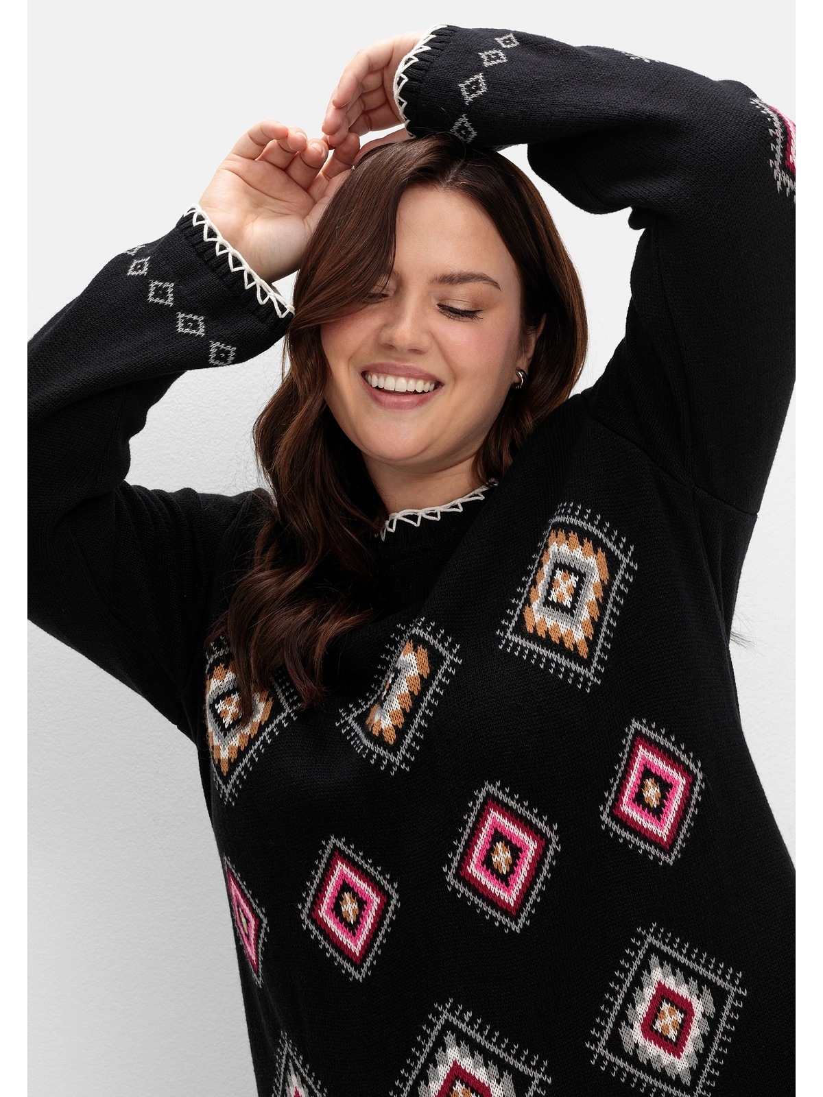 Sheego Strickpullover »Große Größen«, mit Ethnomuster und Fransen