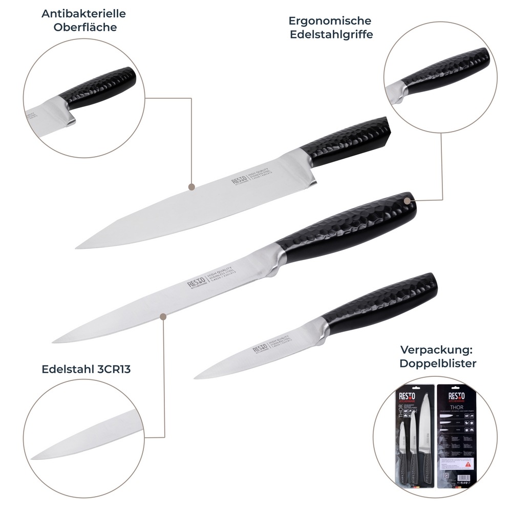 RESTO Kitchenware Messer-Set »Thor, Edelstahlmesser 3-teilig mit einzigartigem Griffdesign«, (Set, 3 tlg.), Kochmesser 20 cm, Universalmesser 13 cm, Gemüsemesser 8,75 cm