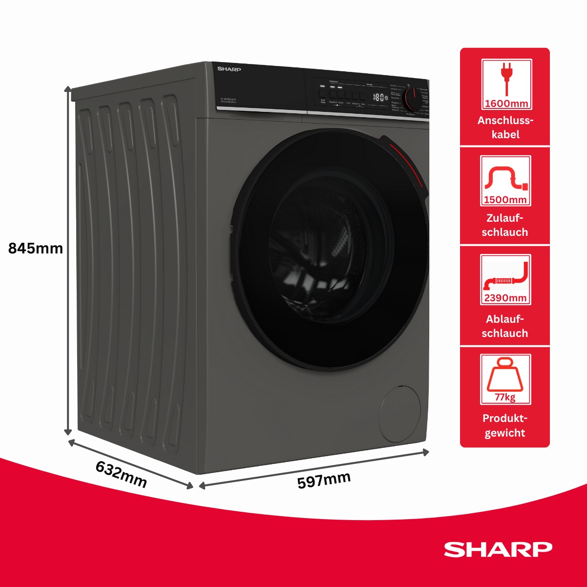 Sharp Waschmaschine »ES-WNFB214CAA-DE« 12 kg 1400 U/min 12kg / +WIFI / A-20% / black Doorring+knob / Steam / Espresso Grey