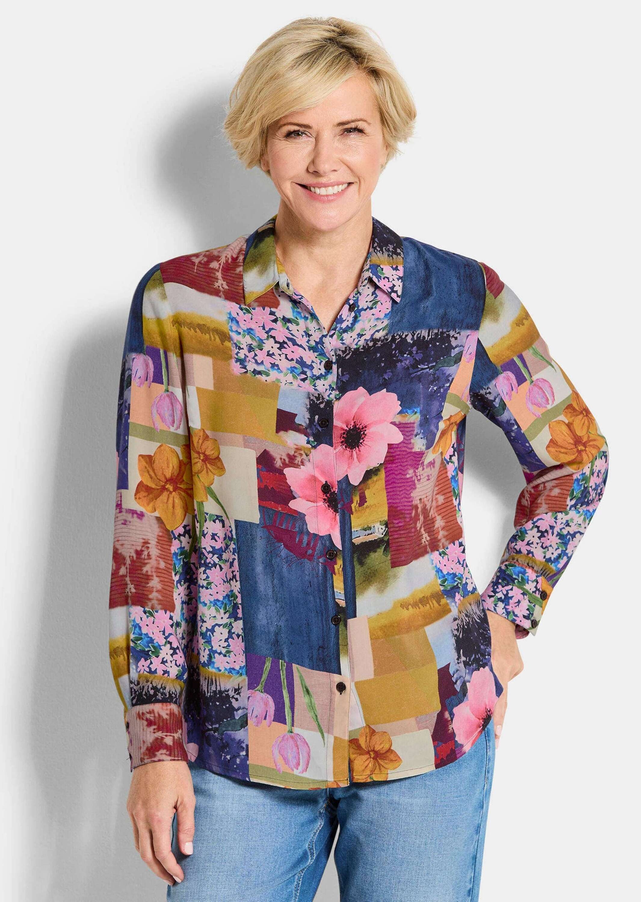 Thumbnail - GOLDNER Hemdbluse "Kurzgröße Viskosebluse mit Patchwork-Print" figurschmeichelder Schnitt