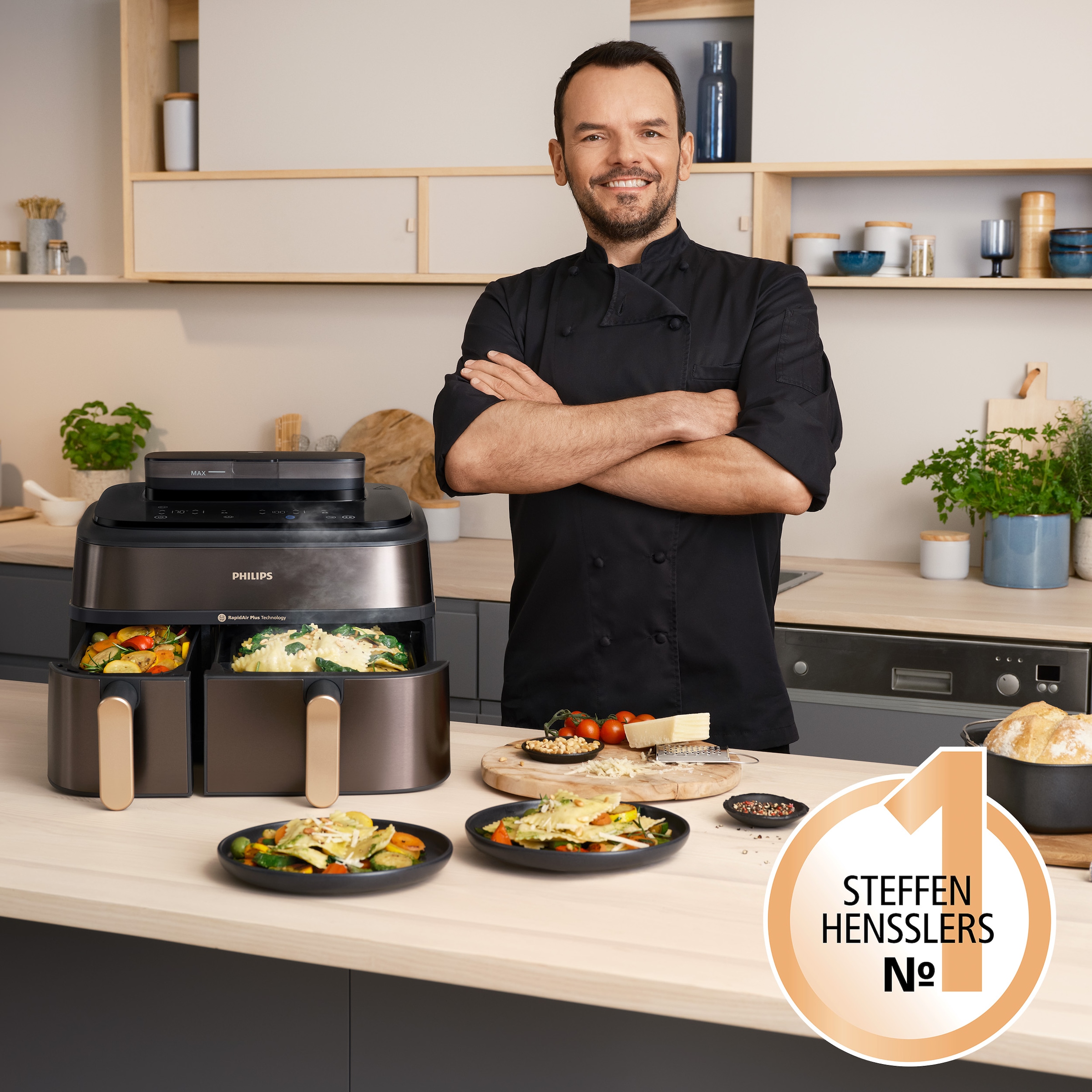 Philips Heißluftfritteuse »Steam Airfryer 5000 Dual Basket NA552/00, Airfryen & Dampfgaren, 3L+6L«, 2750 W, RapidAir Plus Technologie und 19 Kochfunktionen; Edelstahl/Kupfer