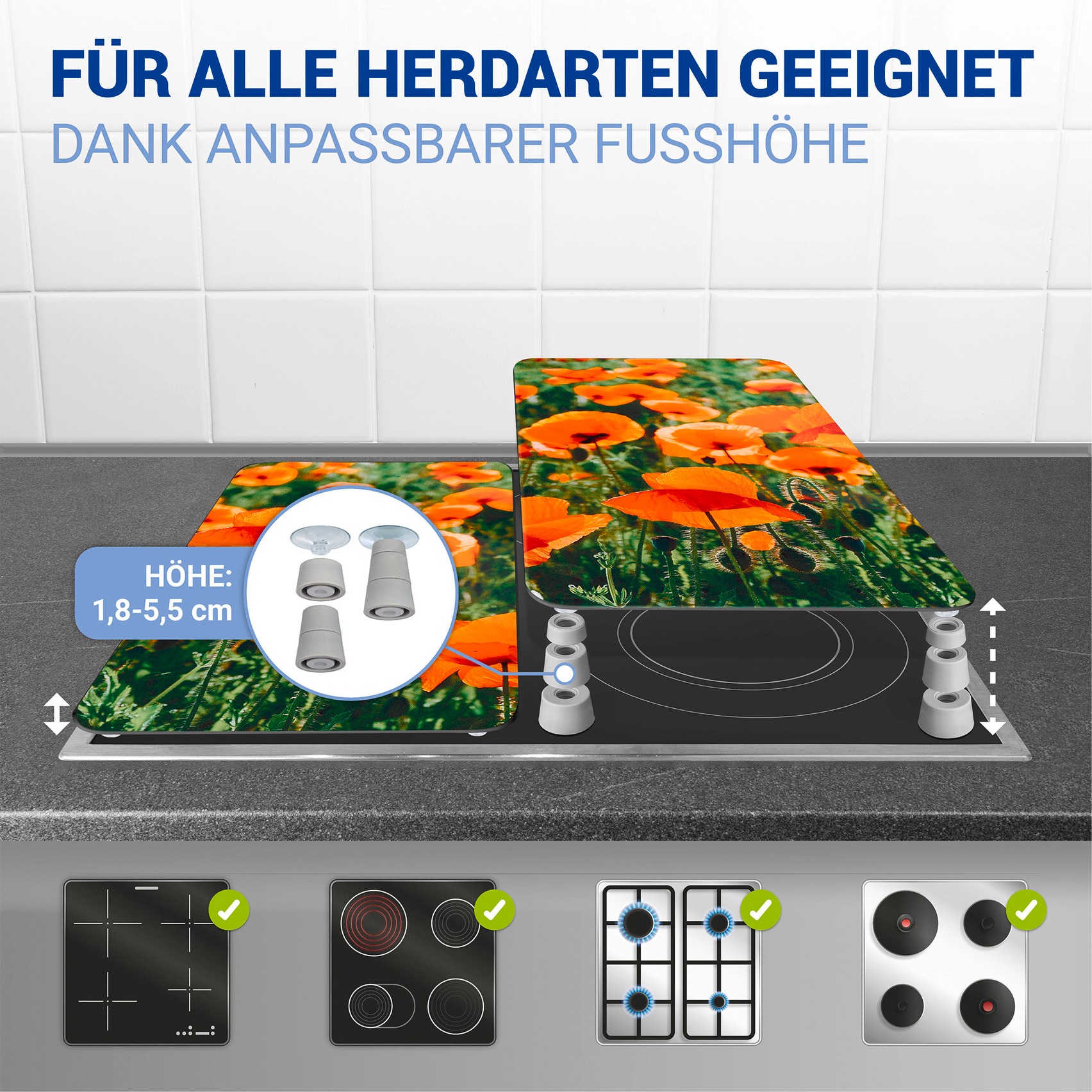 WENKO Herd-Abdeckplatte »Universal Modell Mohnfeld«, (Set, 2 tlg.), Herdabdeckung für alle Herdarten, kratzfest, mit rutschfesten Füßen