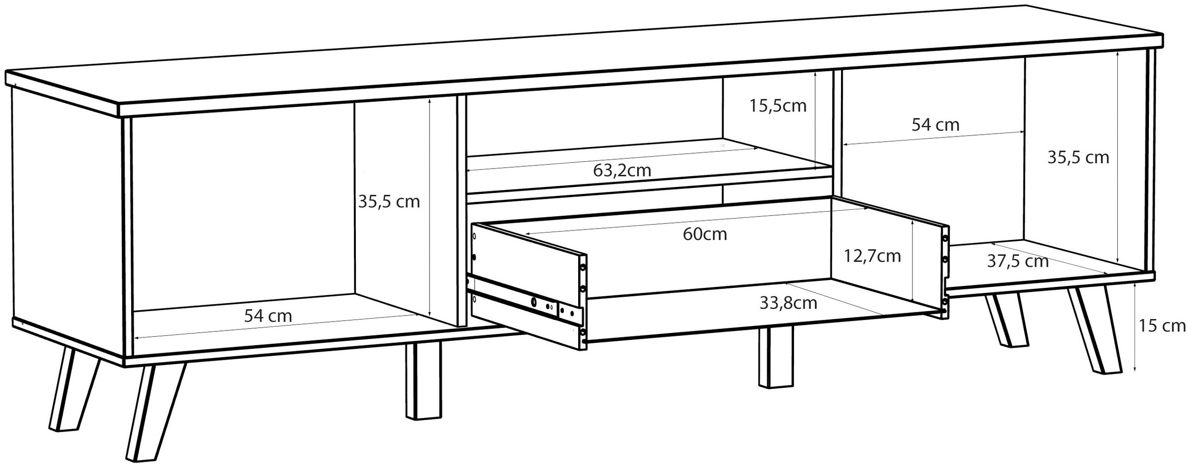 FORTE Lowboard »Vankka TV-Bank, TV-Board groß«, (B/H/T 179,1/54,3/41,7 cm), TV-Teil, ca. 180 cm breit, viel Stauraum, Echtholzbeine