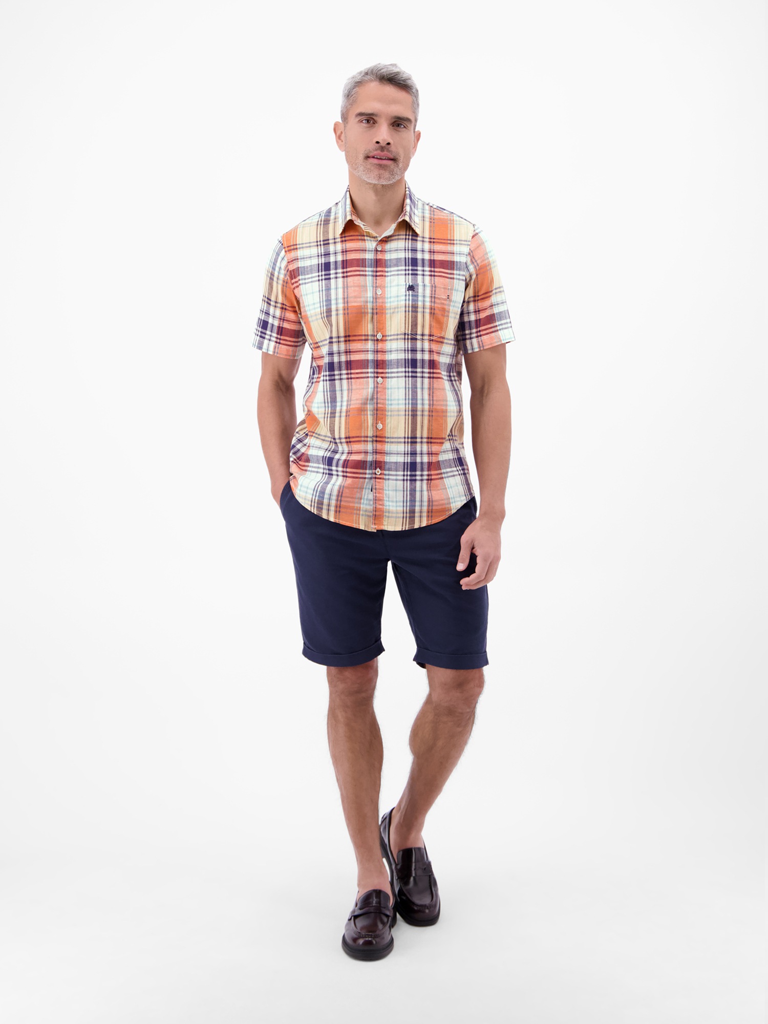 Kurzarmhemd LERROS "Kariertes Kurzarmhemd aus Baumwolle und Leinen", Herren, Gr. XXL, Normalgrößen, broken weiß, 71% Baumwolle, 29% Leinen, Hemden 3
