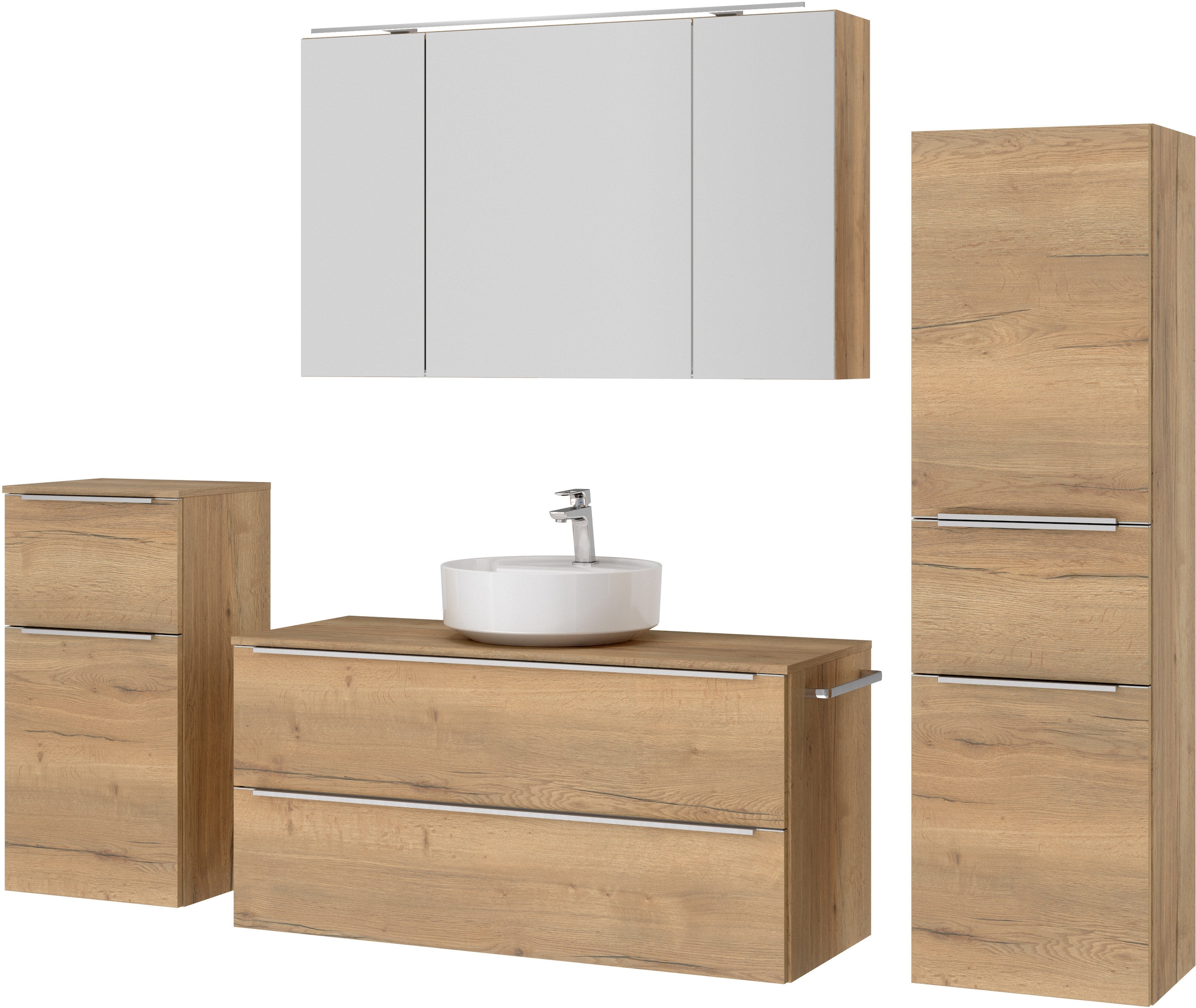 nobilia® Badmöbel-Set »Alvene«, (4 St., vormontiert, mit Soft-Close), inkl. Spiegelschrank mit Beleuchtung und Dimmerfunktion, in 4 Breiten