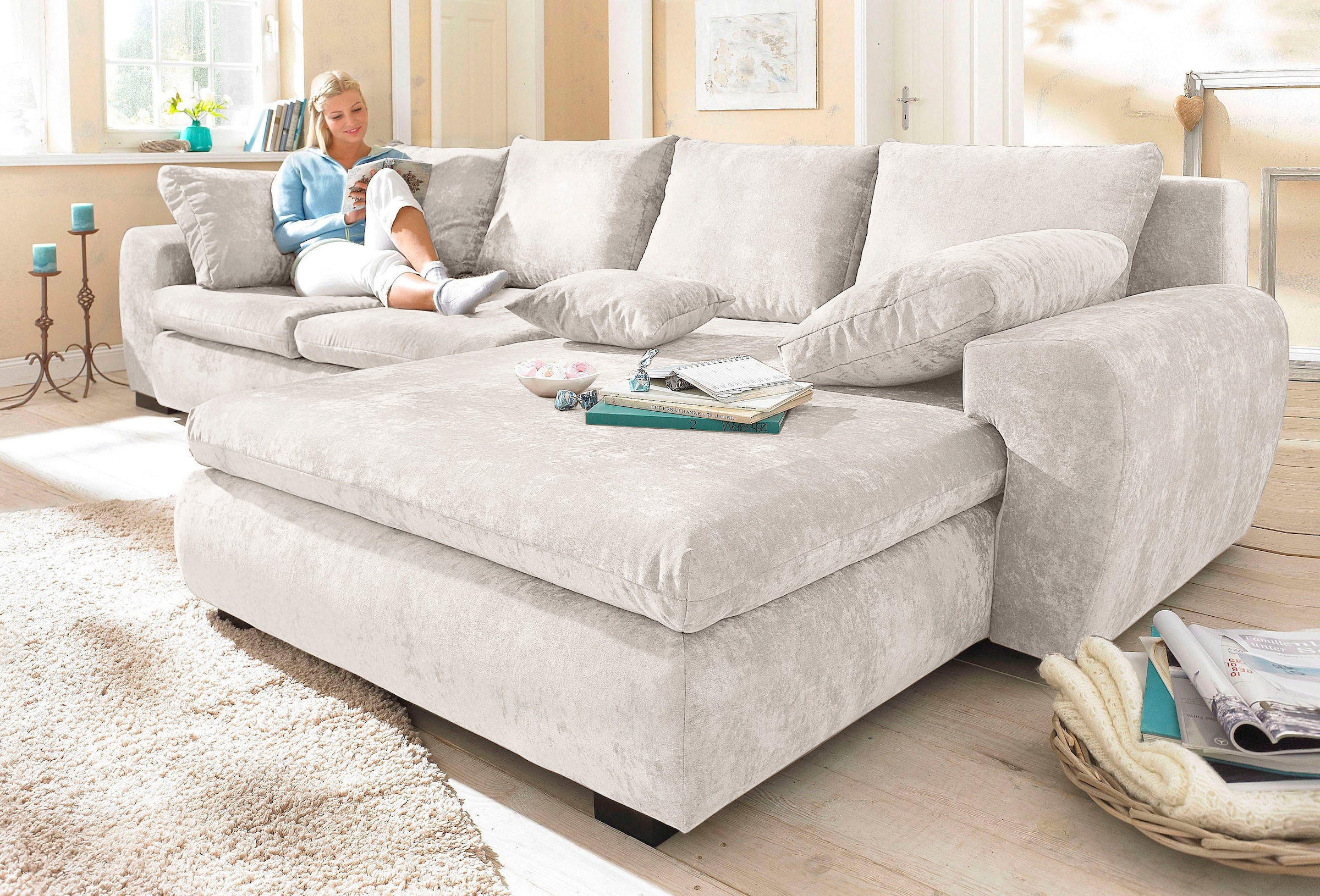 Home affaire 1100000002199 "Cara Mia L-Form, B: 325 cm, XXL-Sofa mit 4 Zierkissen" optional Schlaffunktion & Bettkasten, Liegefl. 145x270 cm