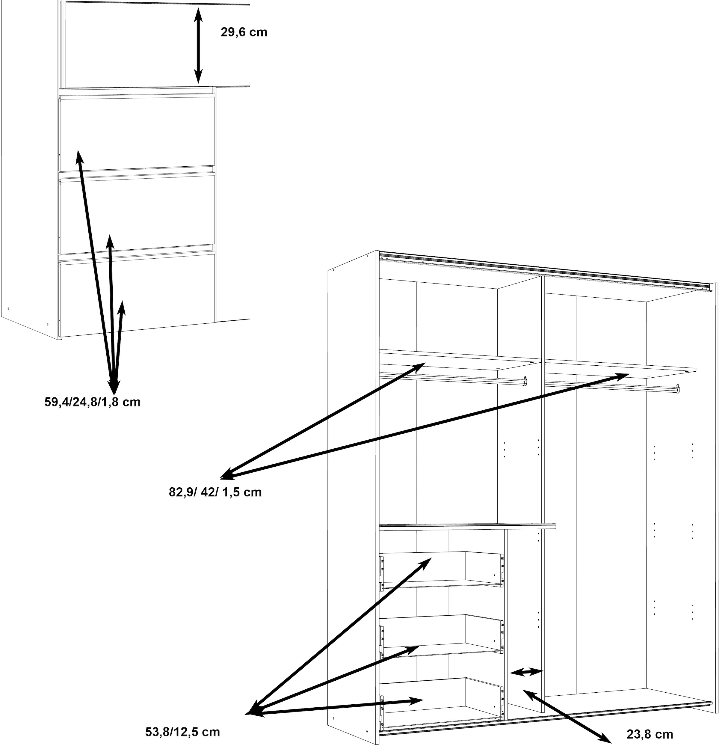 FORTE Schwebetürenschrank »Winn, Schiebetürenschrank mit 3 Schubladen, Made in Europe«, (In 2 Größen erhältlich - B/H/T ca. 170x200,5x61cm und 200x200,5x61cm), verschiedene Größen und Farben, sehr viel Stauraum