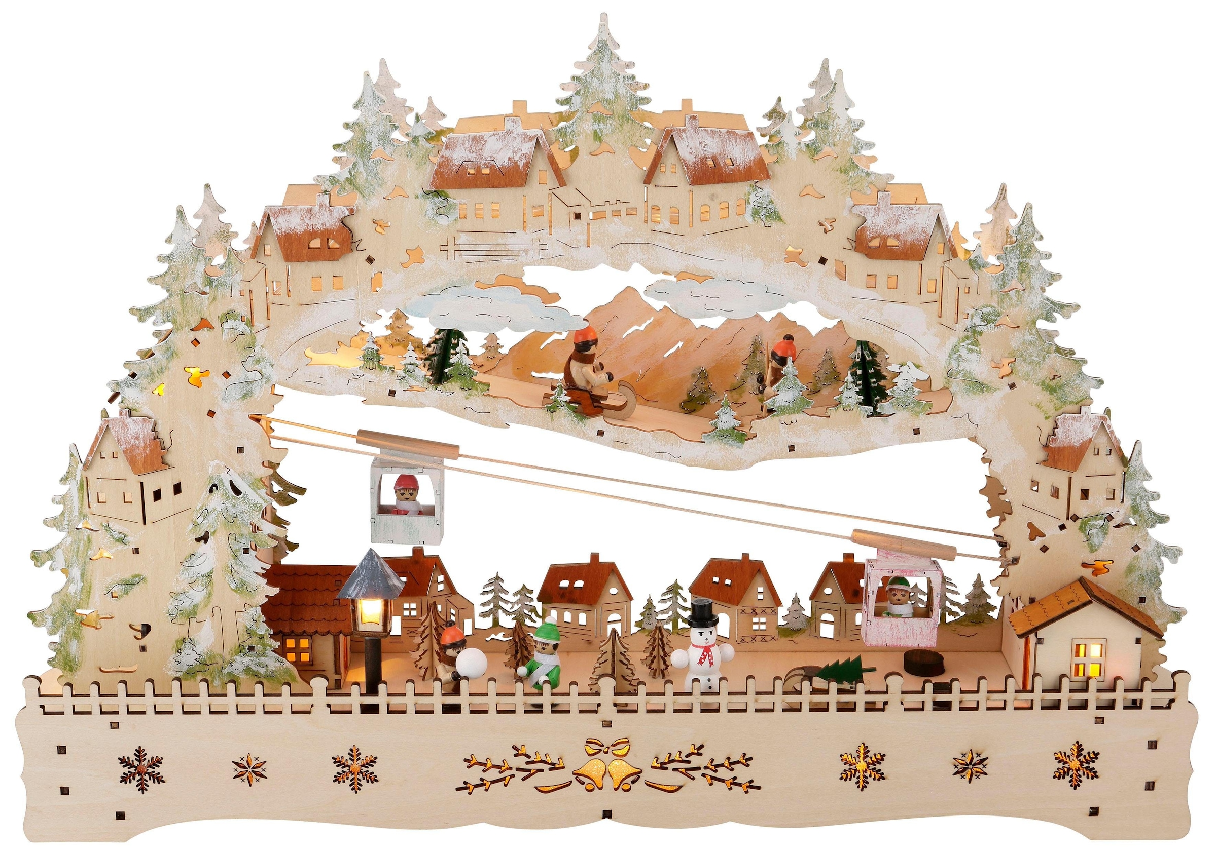 Schwibbogen »Weihnachtsdeko«, mit bewegter Seilbahn und beleuchteten Häuser und Rodelbahn