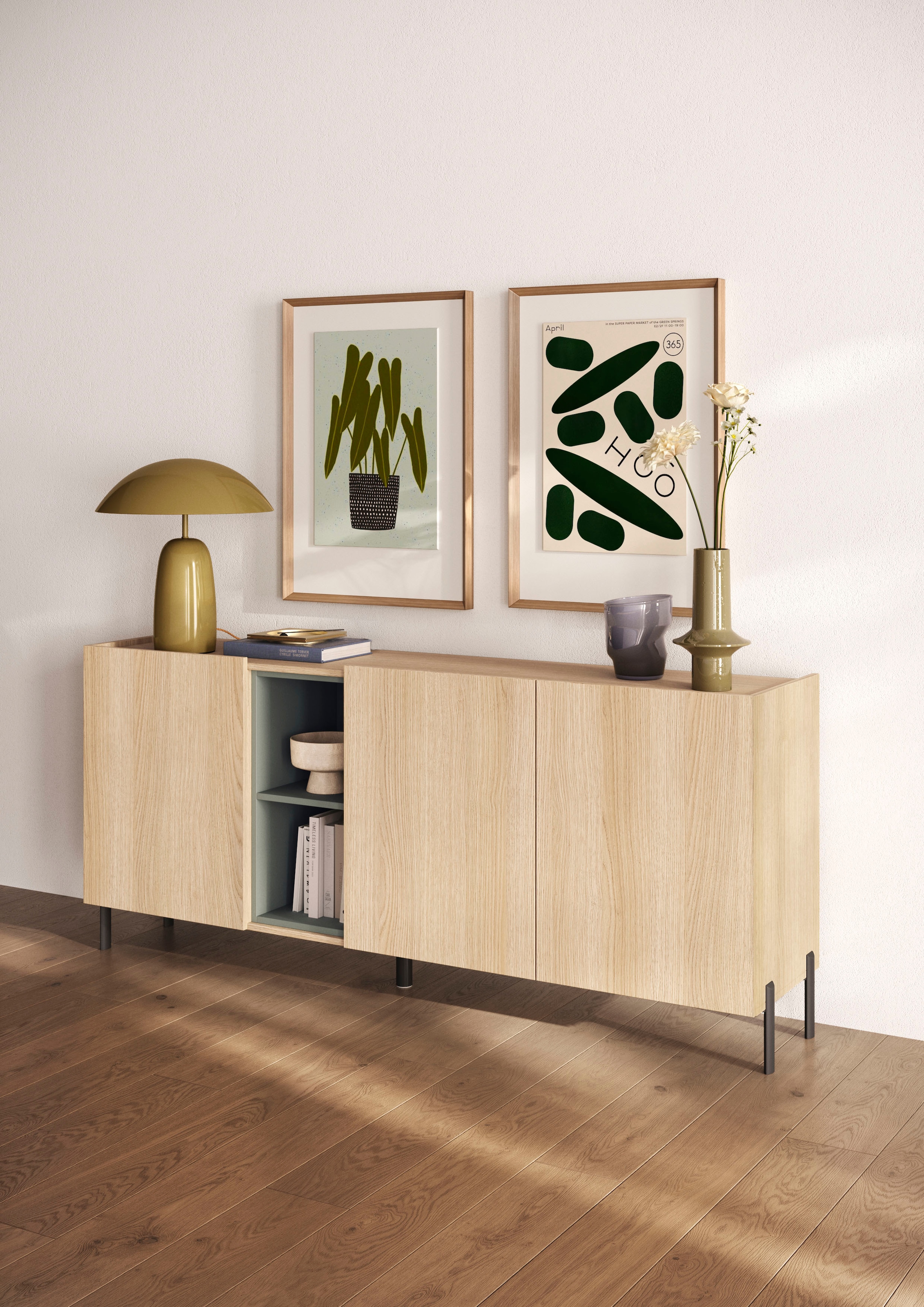 OTTO home Sideboard »Badia, 182 cm breit, 2 Türen, Anrichte, Kommode, Stauraumschrank« Innenliegendes Top, gerade Metallfüße, salbeigrüne Farbakzente