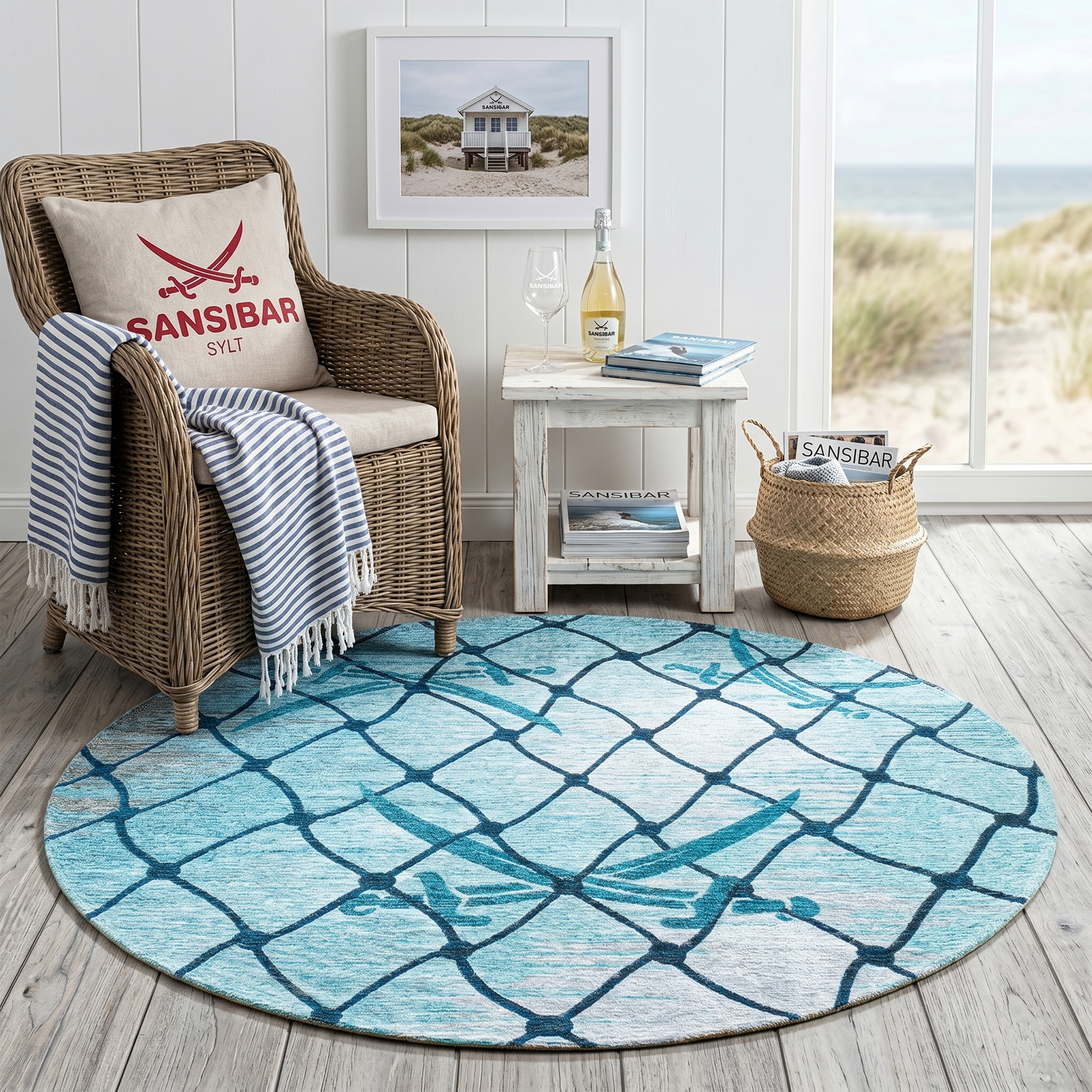 Sansibar Teppich "Keitum 005" rund 3 mm Höhe Flachgewebe, modernes Design, Motiv Fischernetz & gekreuzte Säbel