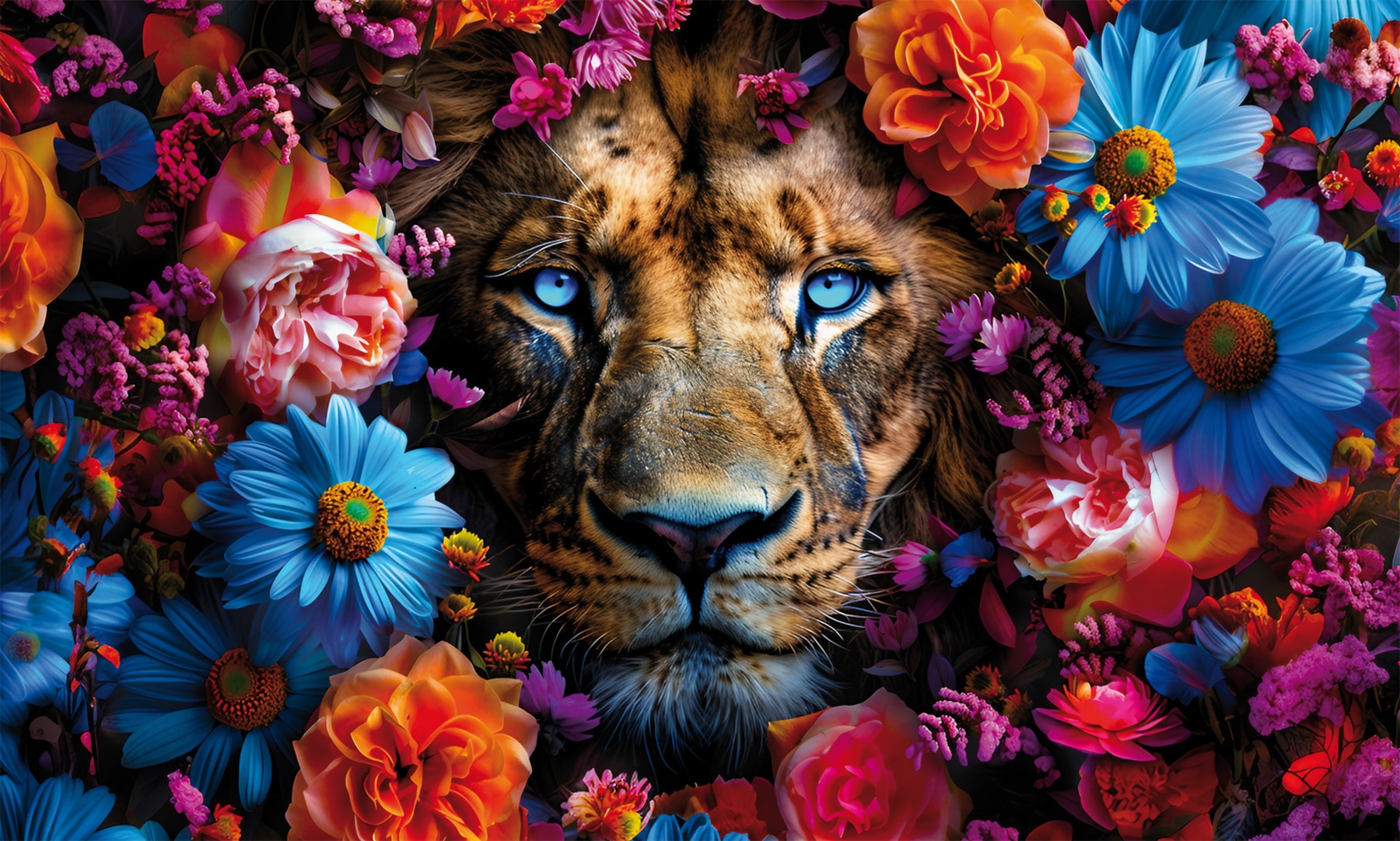Bönninghoff Leinwandbild "Wandbild LÖWE MIT BLUMEN XXL 90x150 cm – Leinwandbild Keilrahmen Deko" Blumen Raubkatzen Tiger 1 Stk. tlg. auf Keilrahmen gespannt