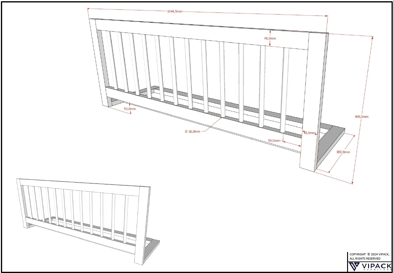 Vipack Daybett »Liegefläche 90 x 200 cm, inkl. Sprossenumrandung, zeitloses Design« Buche massiv, sehr stabil und standfest gebaut, inkl. Rolllattenrost,  zusätzlich inkl. Rausfallschutz vorne