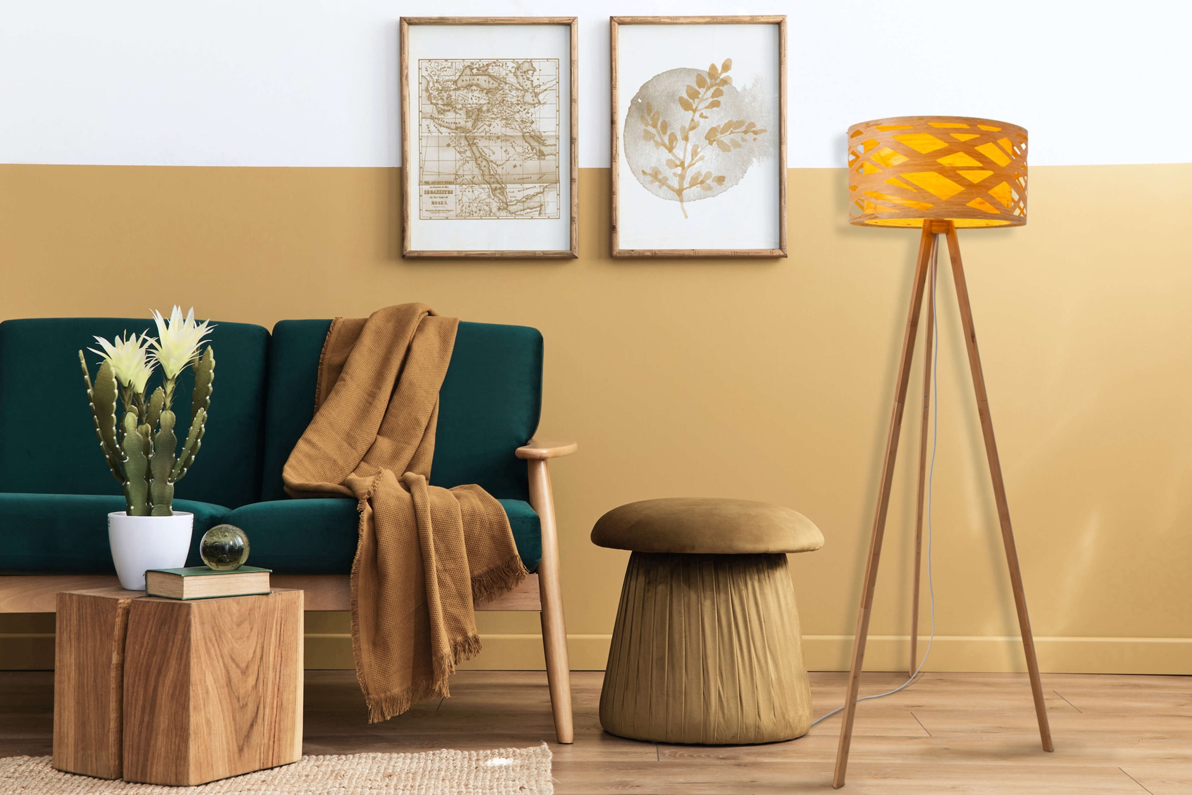 näve Stehlampe »Finja« E27 1 Stk. Dreibein, Schirm rund, Holzoptik mehrschichtig durchbrochen, 1x E27