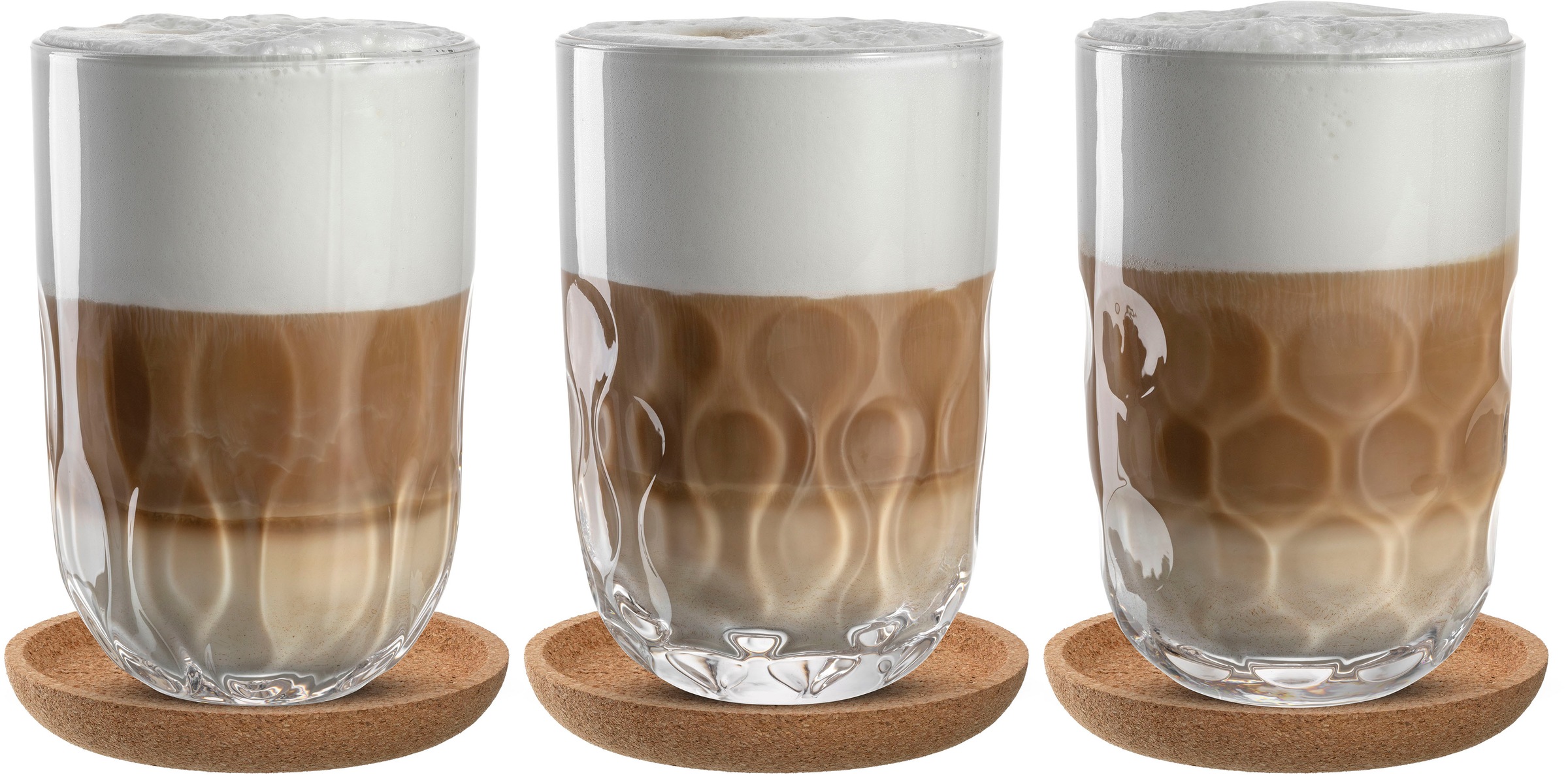 LEONARDO Gläser-Set »Latte Macchiato-Set GOCCE, 380 ml, 6-teilig«, (Set, 6 tlg.), 3 Gläser mit unterschiedlichem Tropfenrelief, inkl. Kork-Untersetzer