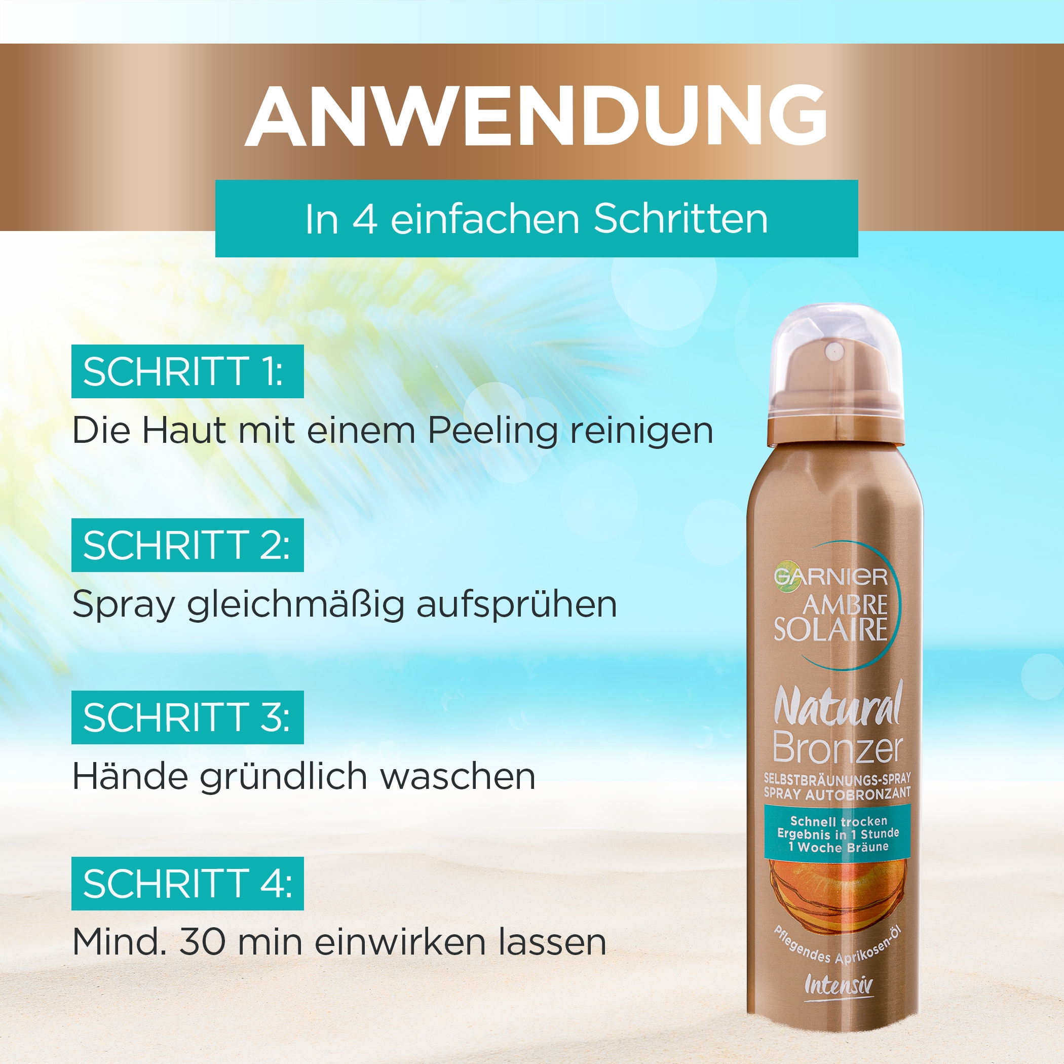 GARNIER Selbstbräunungsspray »AMBRE SOLAIR NATURAL BRONZER« mit Aprikosen-Extrakt, für Gesicht und Körper, zieht schnell ein
