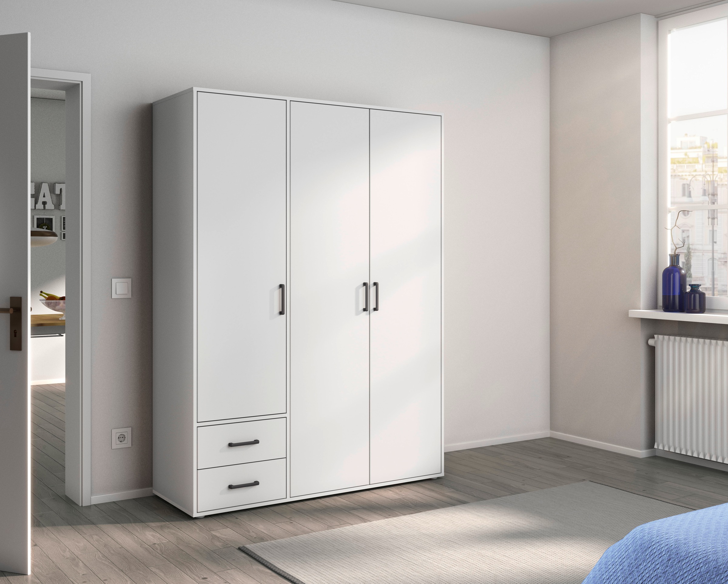rauch Drehtürenschrank »Kleiderschrank Schrank Garderobe Wäscheschrank VOYAGER«, (in 3 verschiedenen Ausstattungen BASIC/CLASSIC/PREMIUM), moderne Griffe in Graumetallic mit Außenschubkästen MADE IN GERMANY