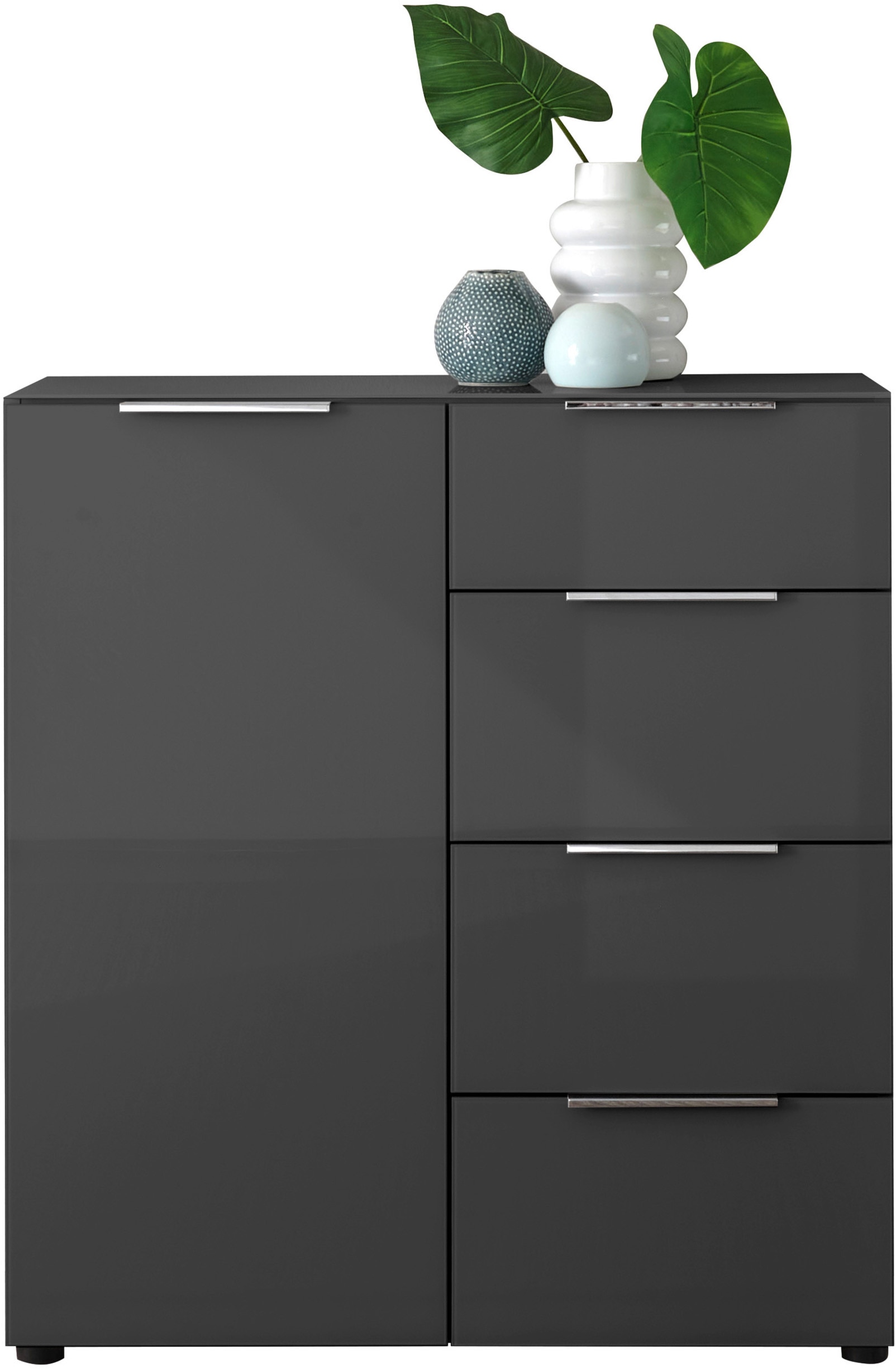 HBZ Sideboard »Santorin Mehrzweckschrank-Universalschrank, BxHxT 90x99x40 cm«, (1 St.), Mit 1 Tür und 4 Schubkästen mit Softclose, Glasfront und Glasoberboden