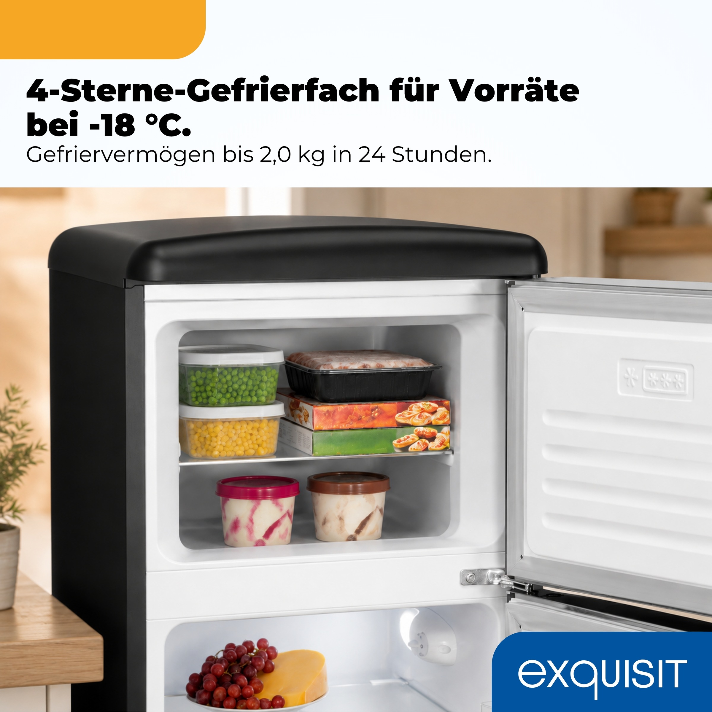 exquisit Kühl-/Gefrierkombination »RKGC270-45-H-160C mattschwarz« 146,5 cm hoch 54,5 cm breit LED-Beleuchtung, verstellbare Glasböden, Retro-Design