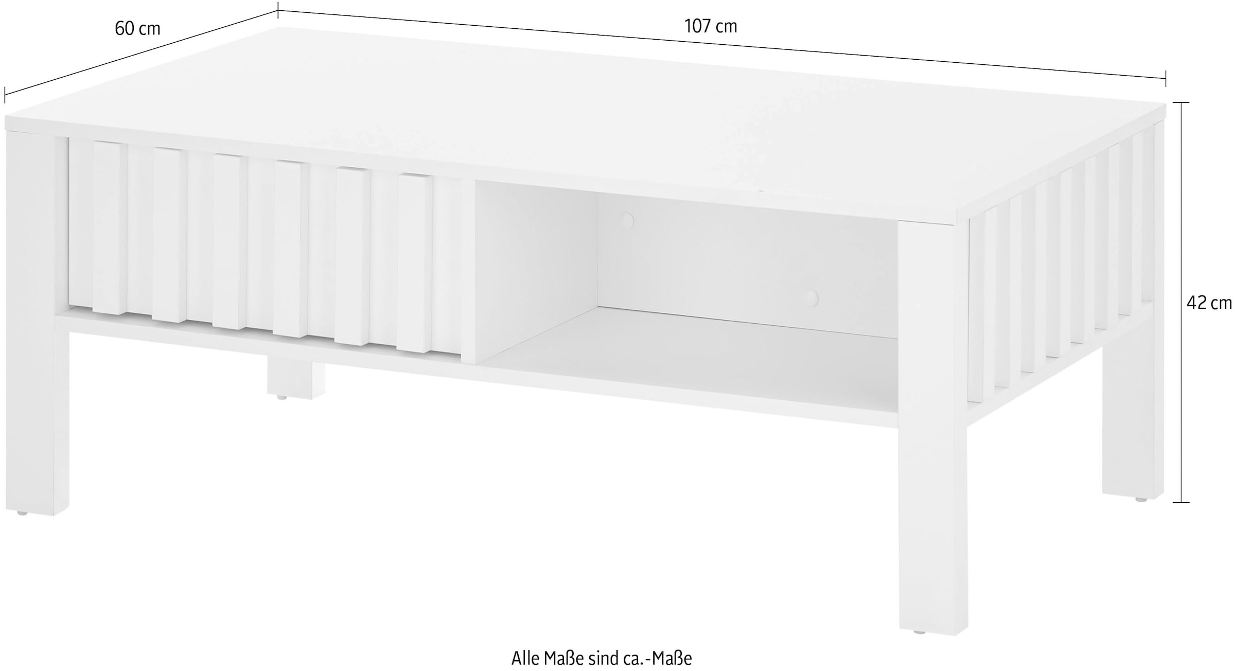 Stolkom Couchtisch »Mao weiß matt, Wohnzimmertisch, BxHxT 108x42,5x60 cm«, Lamellen Optik, 1 Schublade und 1 offenes Fach