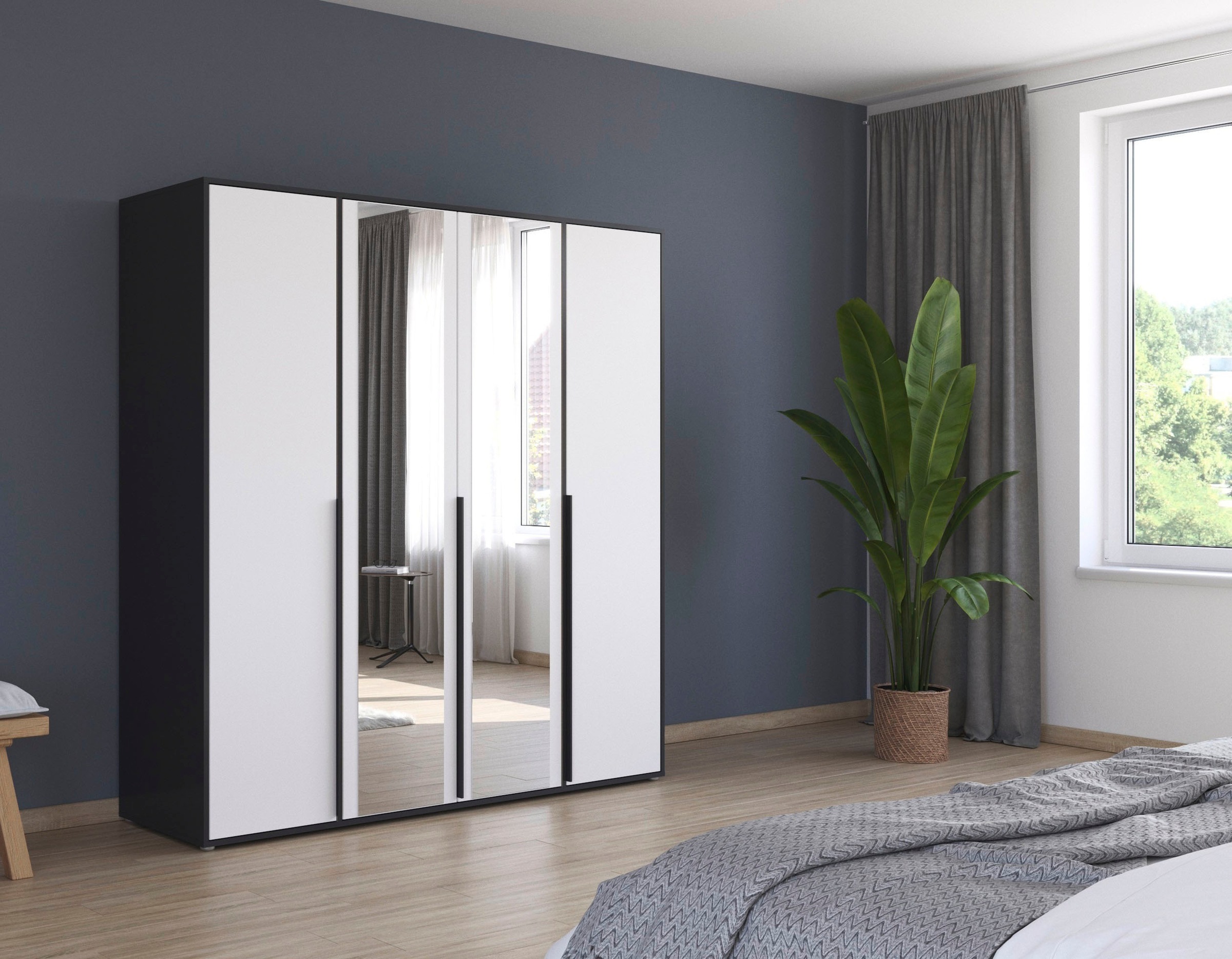 rauch Drehtürenschrank »Kleiderschrank Schrank Garderobe Wäscheschrank NAGATA mit Spiegel«, (in 3 verschiedenen Ausstattungen BASIC/CLASSIC/PREMIUM), und modernen Stangengriffen in Graumetallic TOPSELLER MADE IN GERMANY