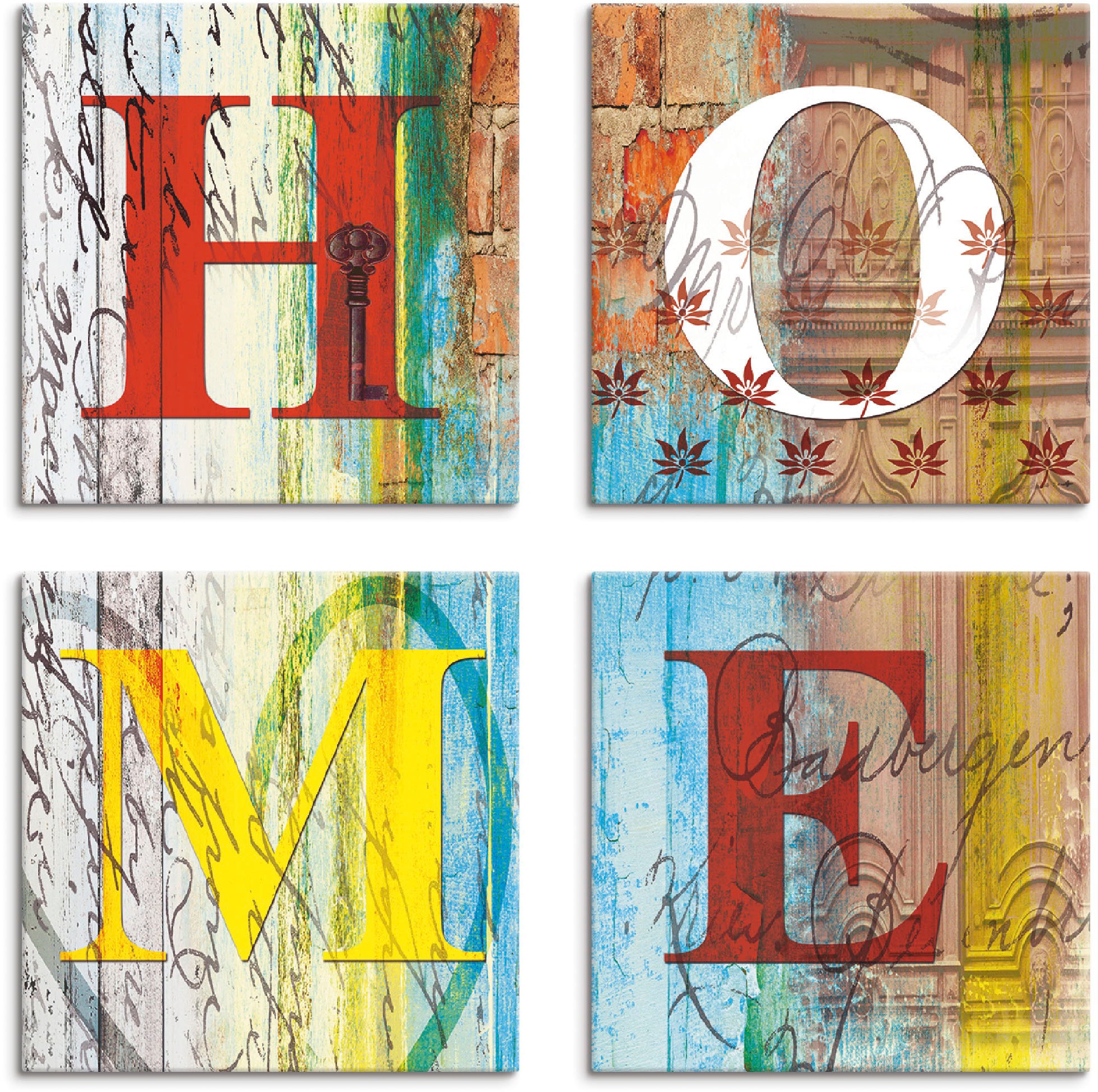 Artland Leinwandbild "Buntes Zuhause" Sprüche & Texte 4 Stk. tlg. 4er Set, günstig online kaufen