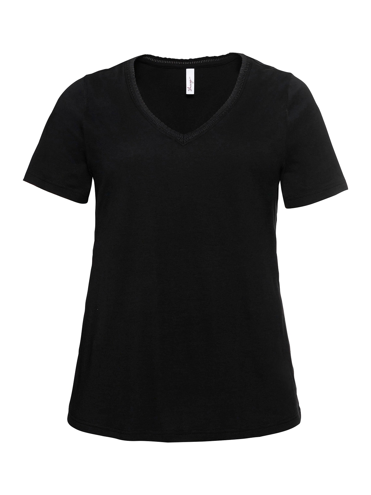 mit Spitze am dezenter für Größen«, Sheego | bestellen T-Shirt BAUR »Große V-Ausschnitt