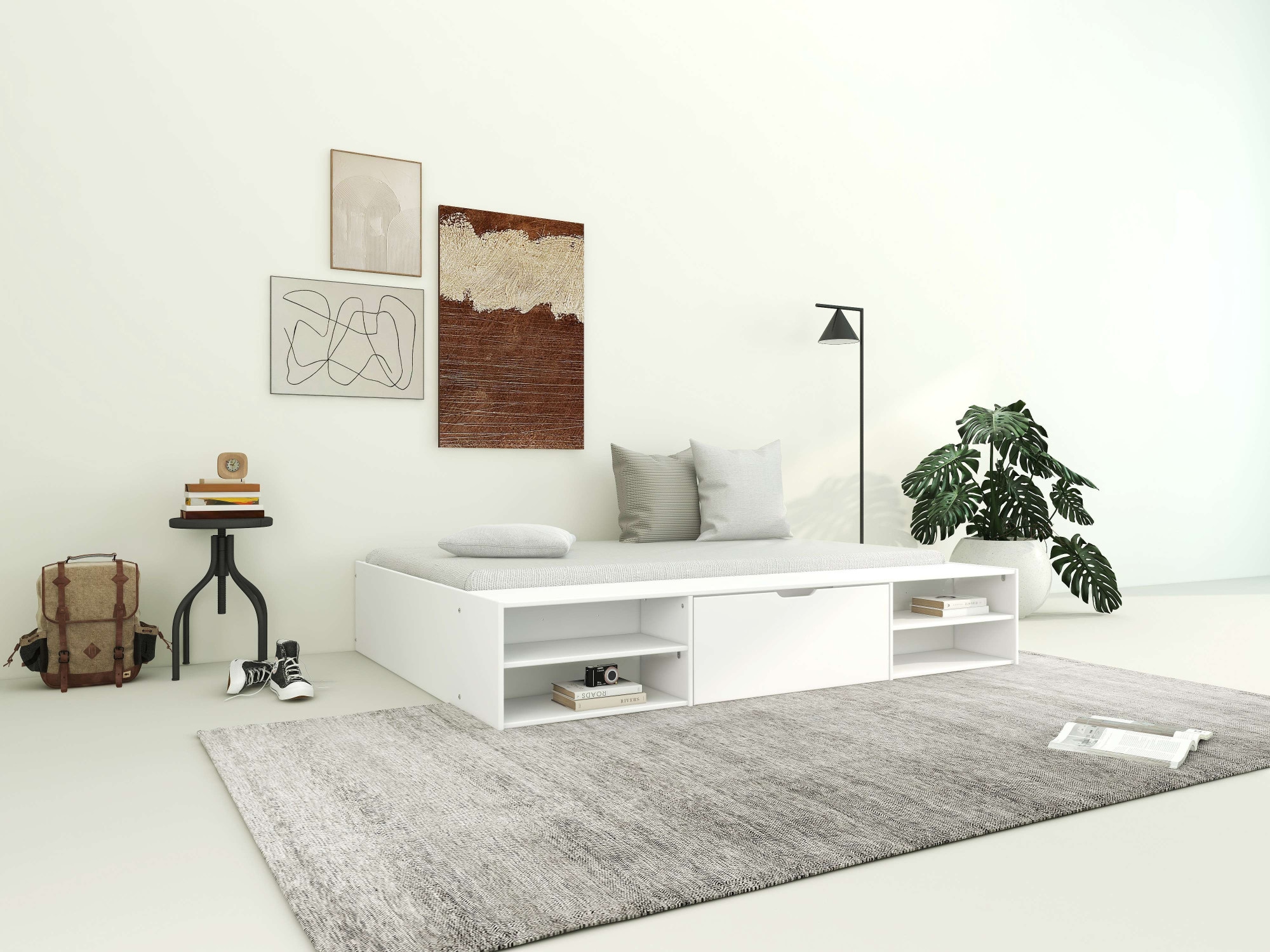 Home affaire Stauraumbett »Cavan, Jugendbett, Podestbett, Futonbett, Made in EU«, (Breite/ Belastbarkeit: 120cm/200 KG, 90cm/ 100KG), inklusive Lattenrost, viel Stauraum, breite Ablage, FSC® zertifiziert